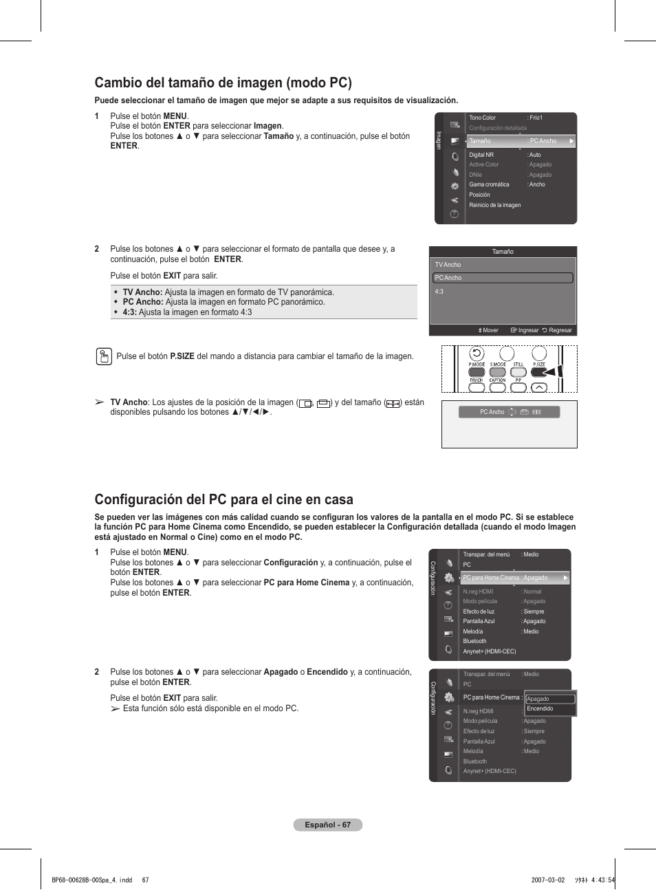 Configuración del pc para el cine en casa, Cambio del tamaño de imagen (modo pc) | Samsung HLT6189SAX-XAA User Manual | Page 249 / 271