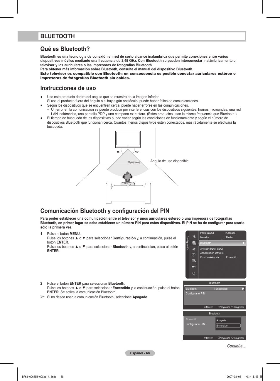 Bluetooth qué es bluetooth, Comunicación bluetooth y configuración del pin, Instrucciones de uso | Samsung HLT6189SAX-XAA User Manual | Page 250 / 271