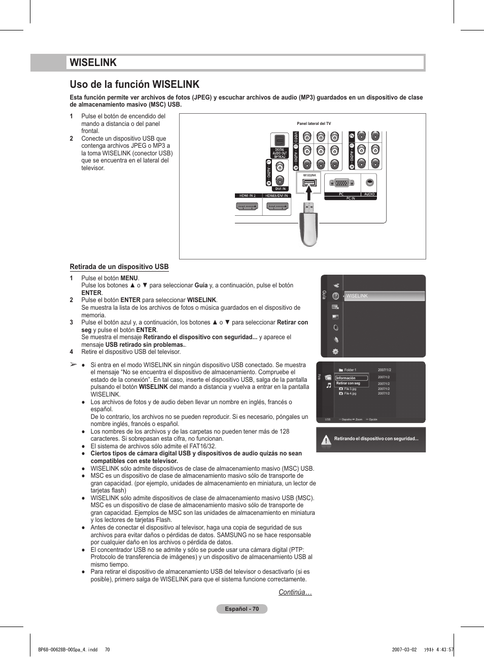 Wiselink uso de la función wiselink, Retirada de un dispositivo usb, Continúa | Samsung HLT6189SAX-XAA User Manual | Page 252 / 271