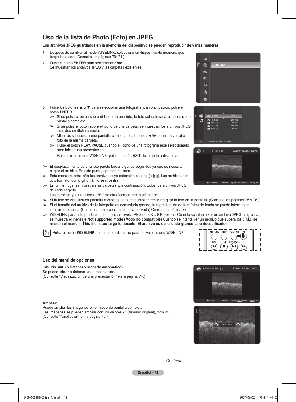 Uso de la lista de photo (foto) en jpeg, Uso del menú de opciones, Continúa | Samsung HLT6189SAX-XAA User Manual | Page 254 / 271