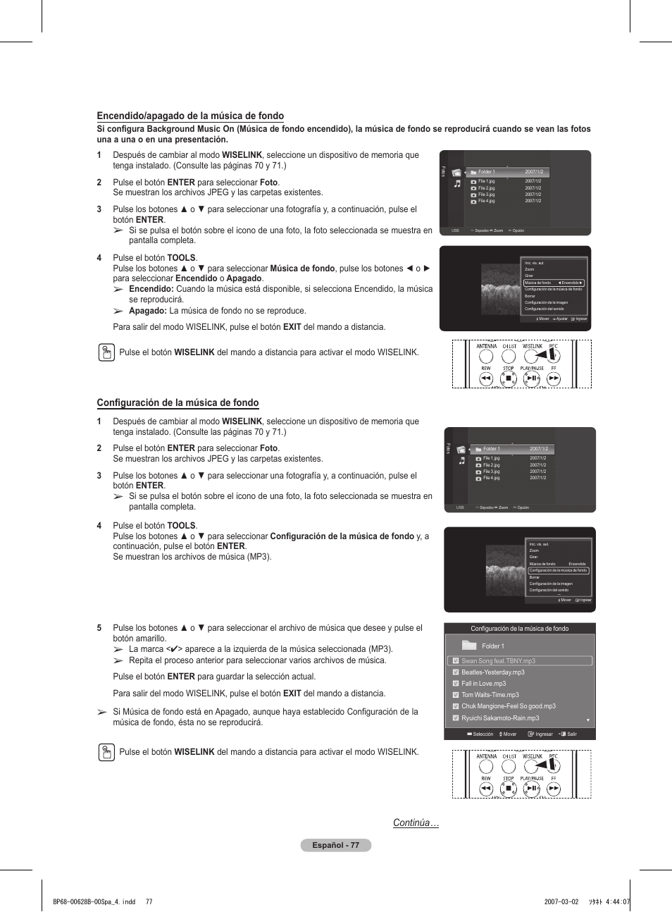 Continúa… encendido/apagado de la música de fondo, Configuración de la música de fondo | Samsung HLT6189SAX-XAA User Manual | Page 259 / 271