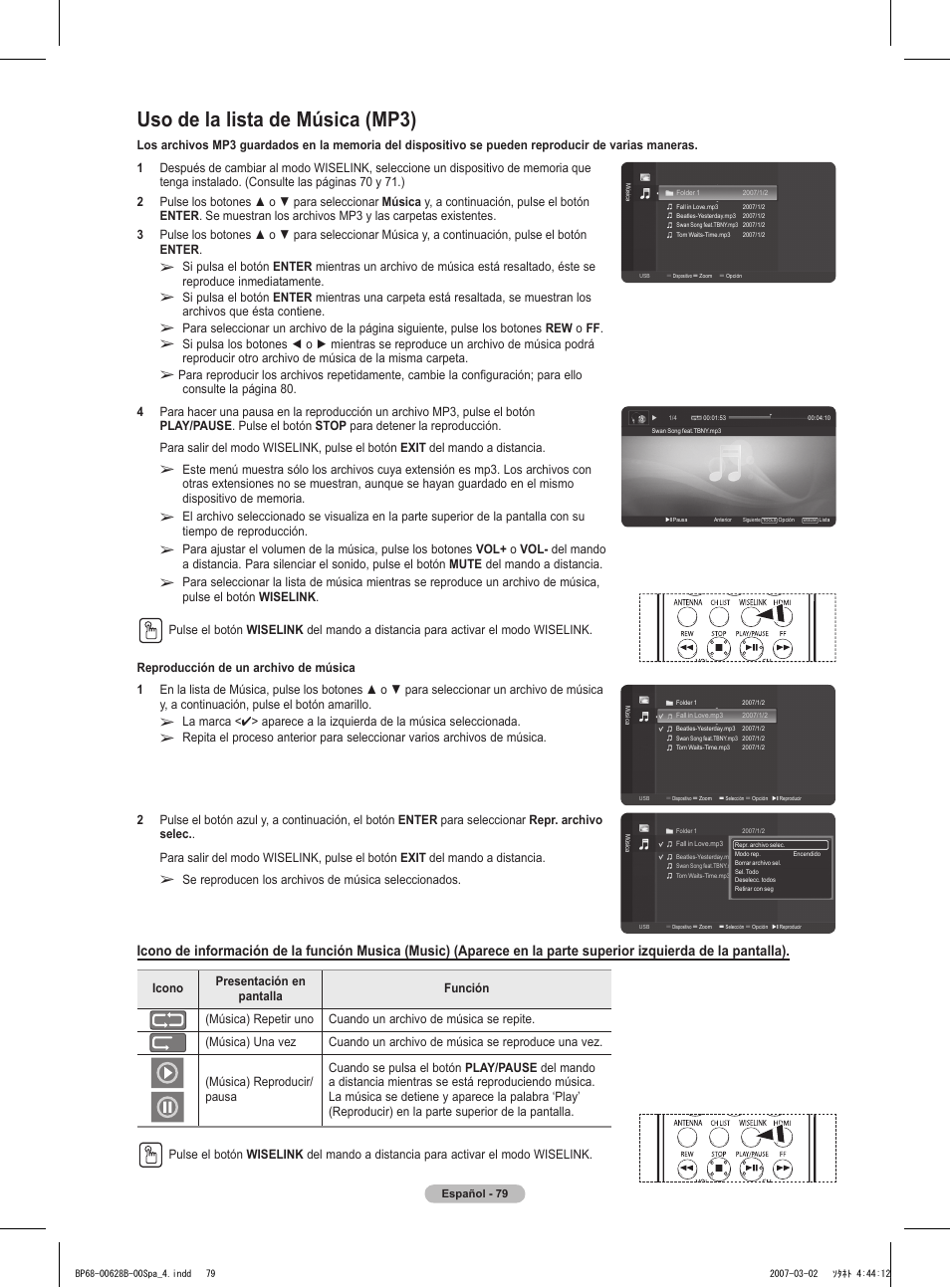 Uso de la lista de música (mp3), Se reproducen los archivos de música seleccionados | Samsung HLT6189SAX-XAA User Manual | Page 261 / 271