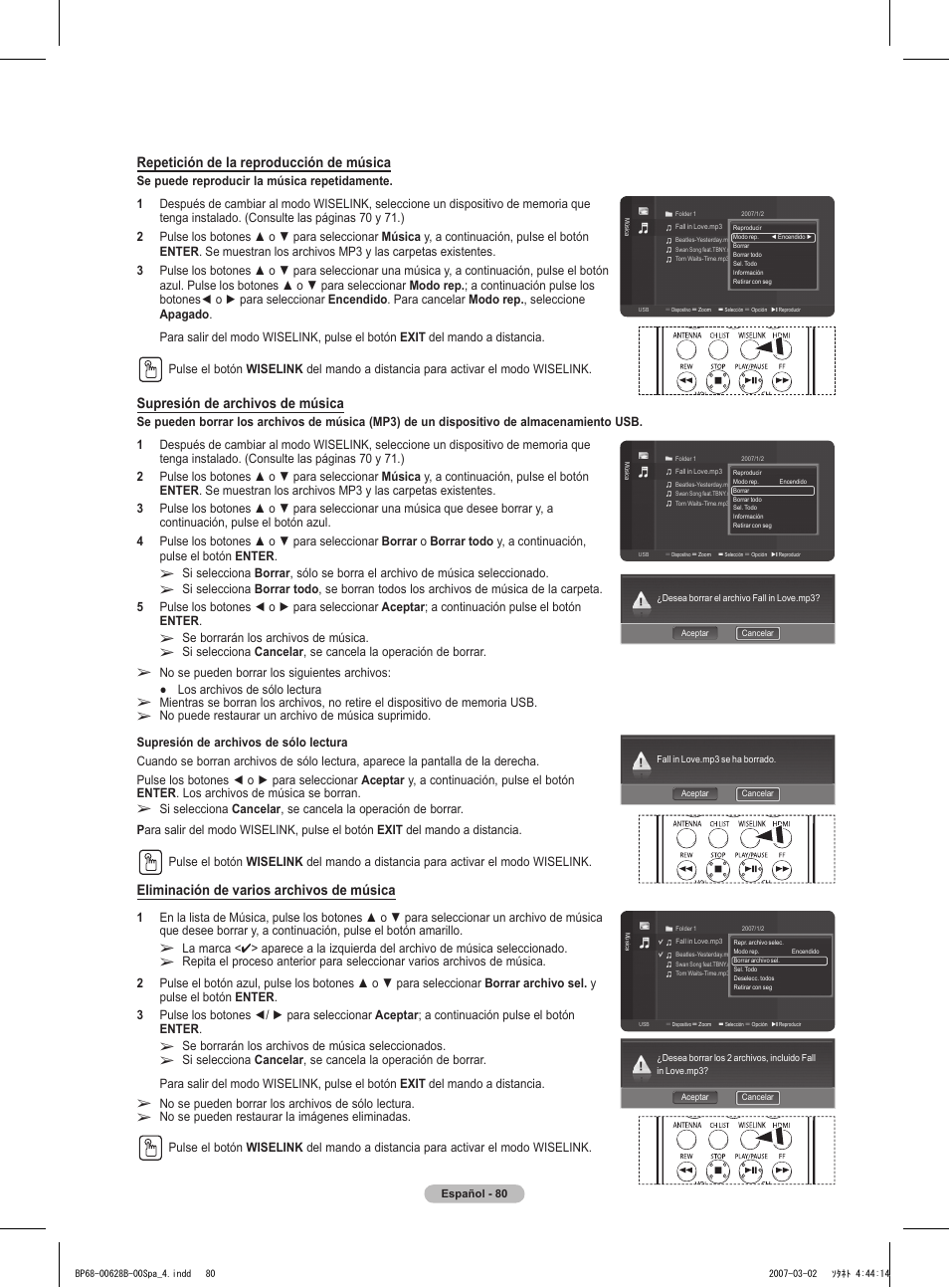 Repetición de la reproducción de música, Supresión de archivos de música, Eliminación de varios archivos de música | Samsung HLT6189SAX-XAA User Manual | Page 262 / 271
