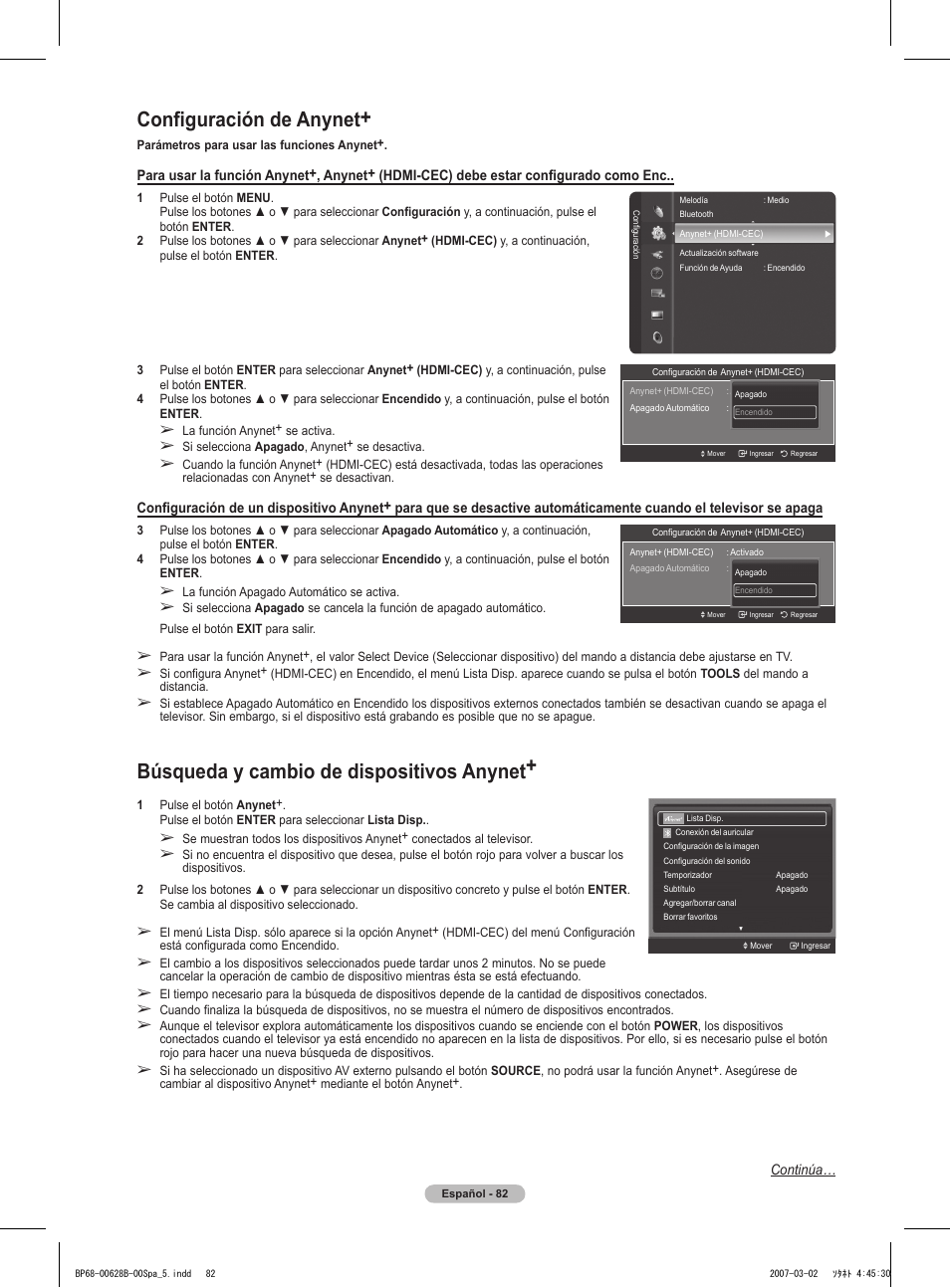 Configuración de anynet, Búsqueda y cambio de dispositivos anynet | Samsung HLT6189SAX-XAA User Manual | Page 264 / 271