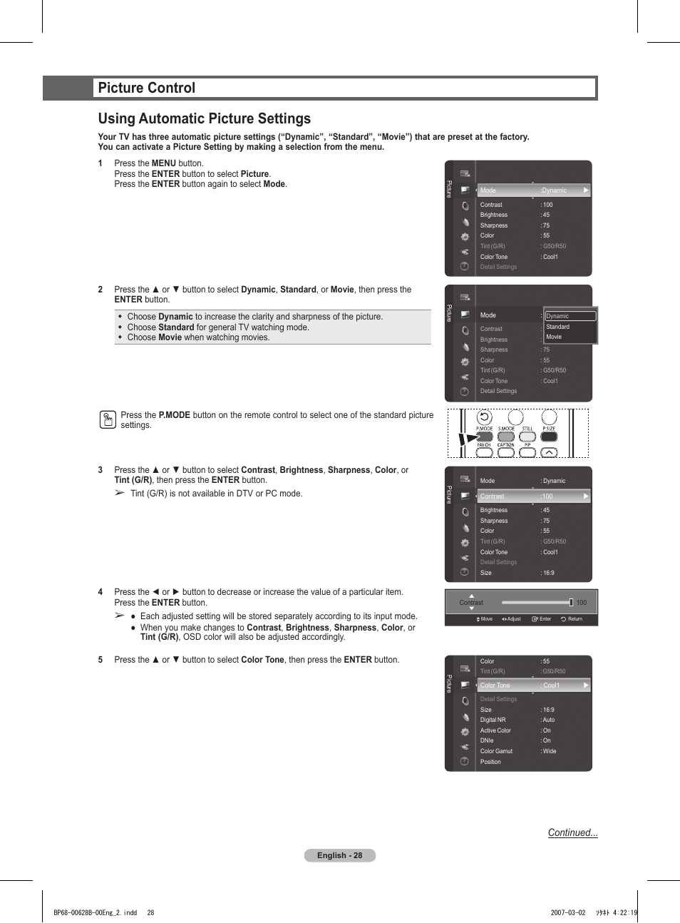 Picture control, Using automatic picture settings, Picture control using automatic picture settings | Continued | Samsung HLT6189SAX-XAA User Manual | Page 28 / 271