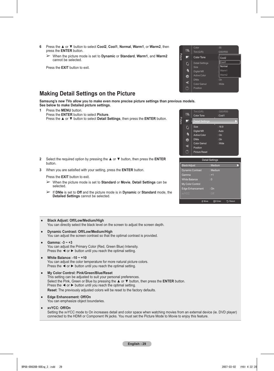 Making detail settings on the picture | Samsung HLT6189SAX-XAA User Manual | Page 29 / 271