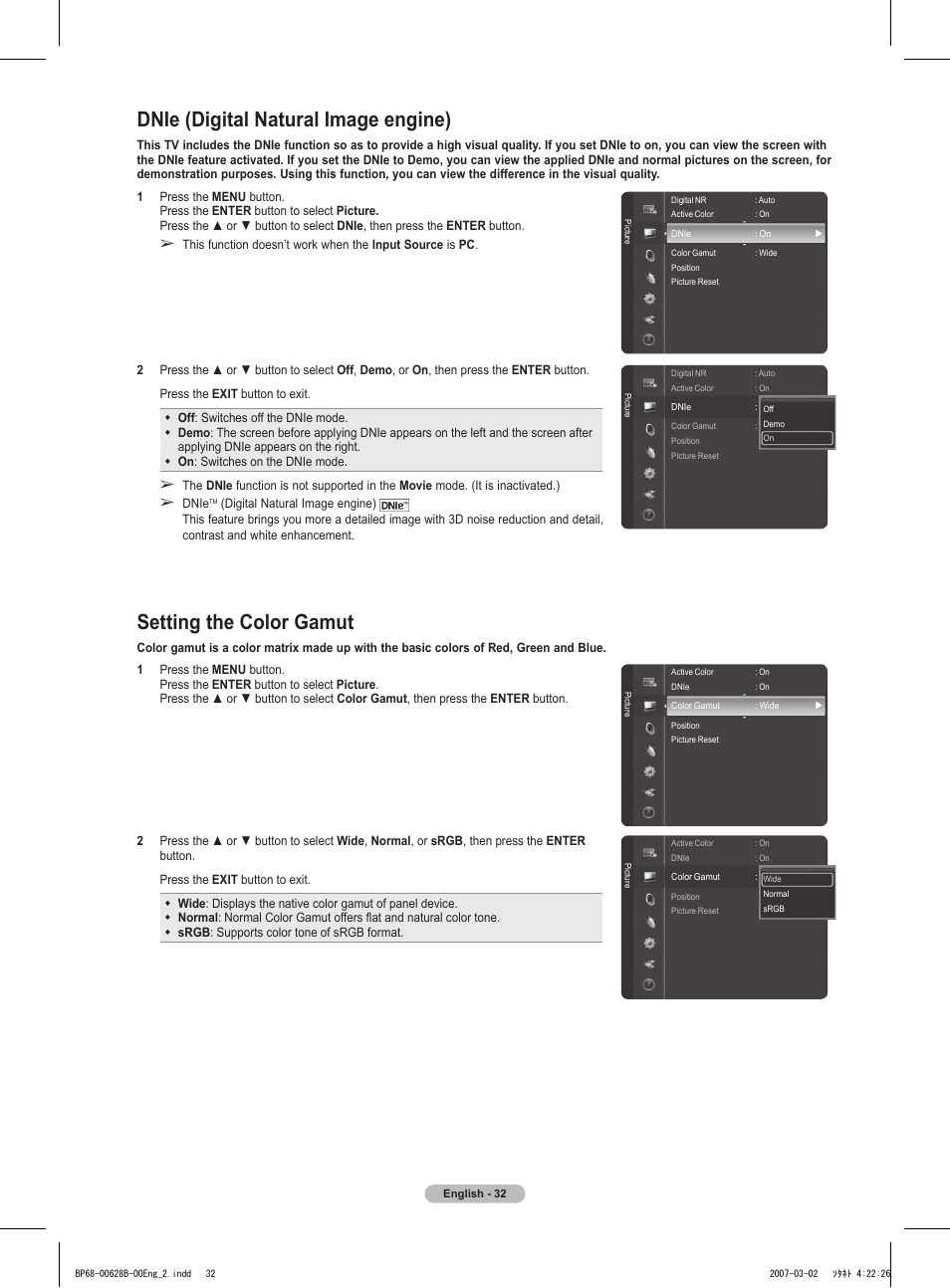 Dnie (digital natural image engine), Setting the color gamut | Samsung HLT6189SAX-XAA User Manual | Page 32 / 271