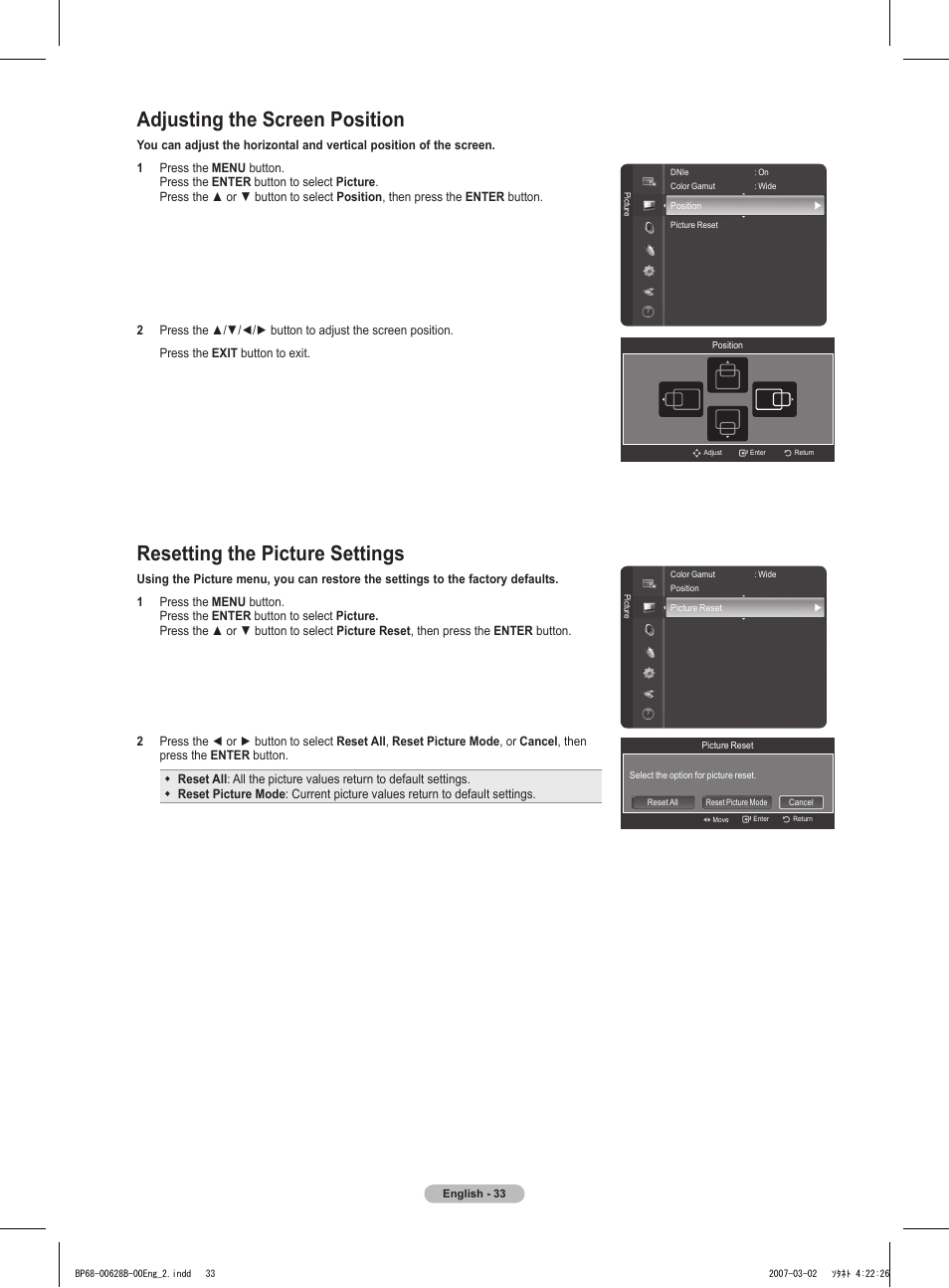 Adjusting the screen position, Resetting the picture settings | Samsung HLT6189SAX-XAA User Manual | Page 33 / 271