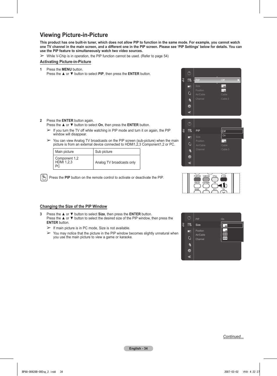 Viewing picture-in-picture, Activating picture-in-picture, Changing the size of the pip window | Continued | Samsung HLT6189SAX-XAA User Manual | Page 34 / 271