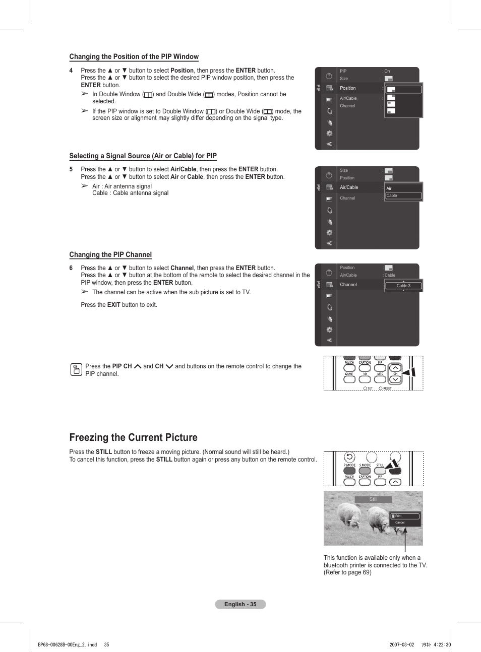 Freezing the current picture, Changing the position of the pip window, Selecting a signal source (air or cable) for pip | Changing the pip channel | Samsung HLT6189SAX-XAA User Manual | Page 35 / 271