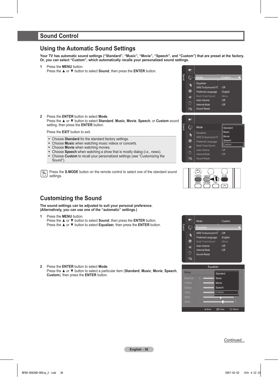Sound control, Using the automatic sound settings, Customizing the sound | Sound control using the automatic sound settings, Continued | Samsung HLT6189SAX-XAA User Manual | Page 36 / 271