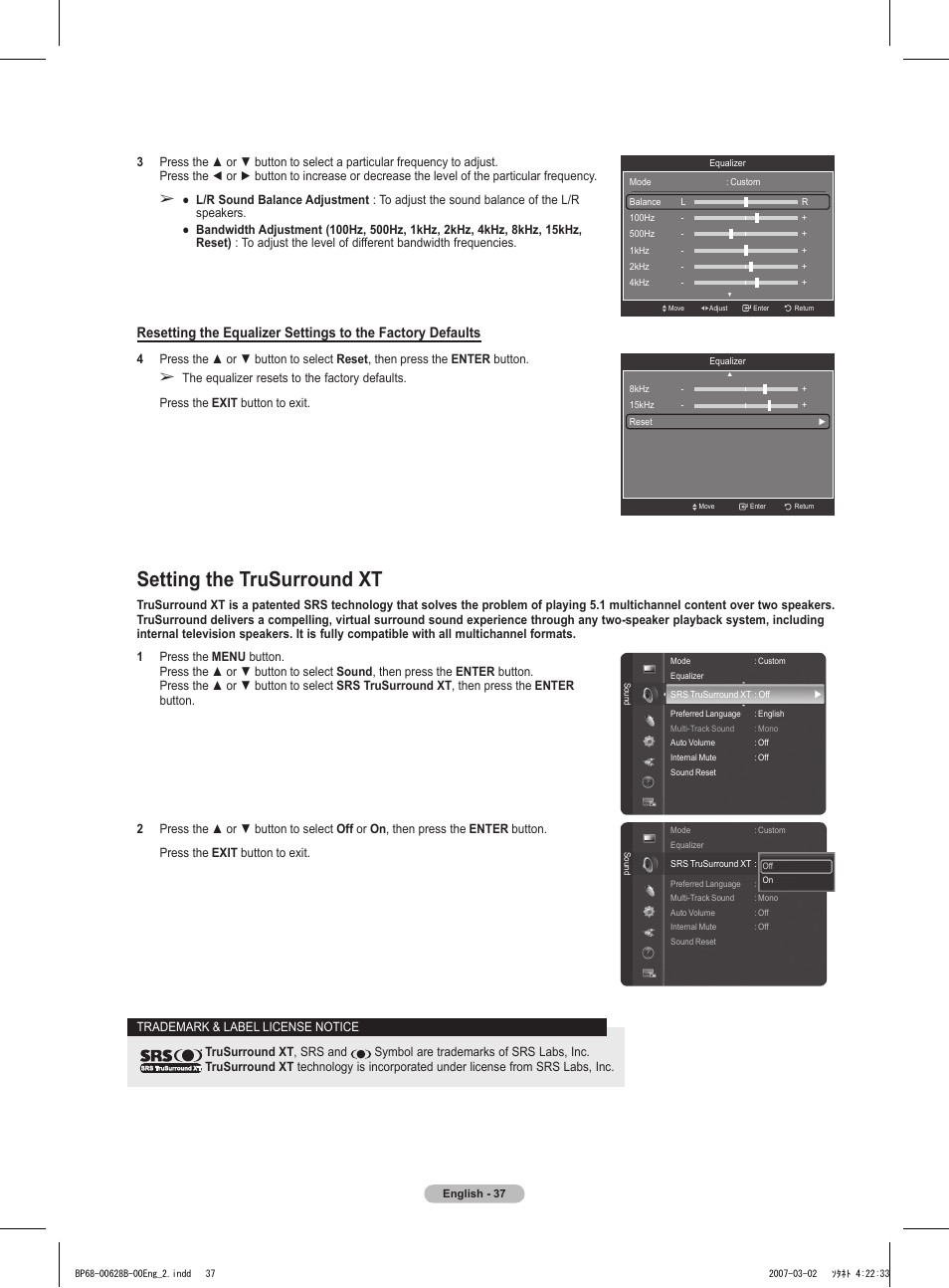 Setting the trusurround xt | Samsung HLT6189SAX-XAA User Manual | Page 37 / 271