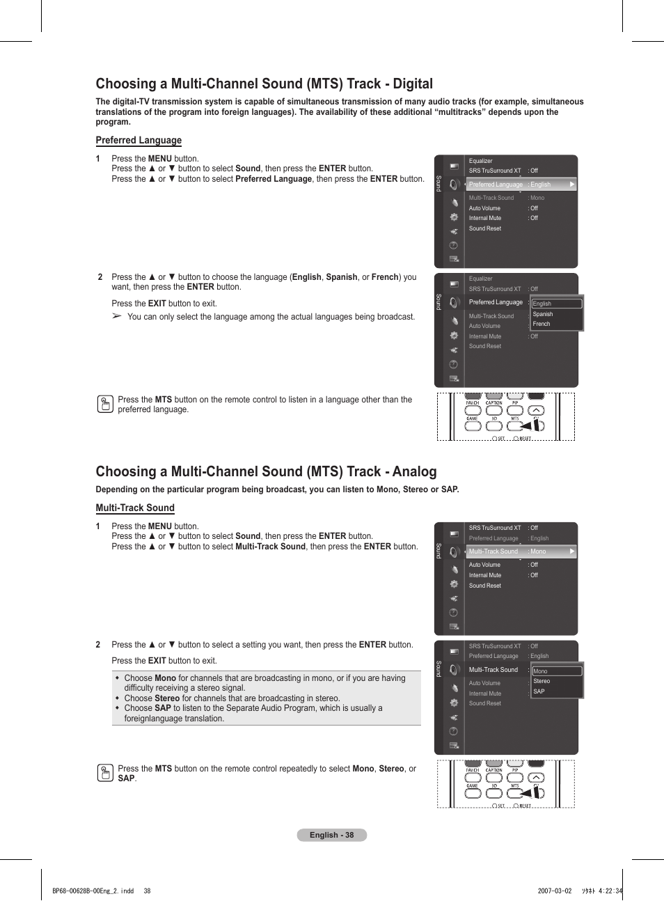 Preferred language, Multi-track sound | Samsung HLT6189SAX-XAA User Manual | Page 38 / 271