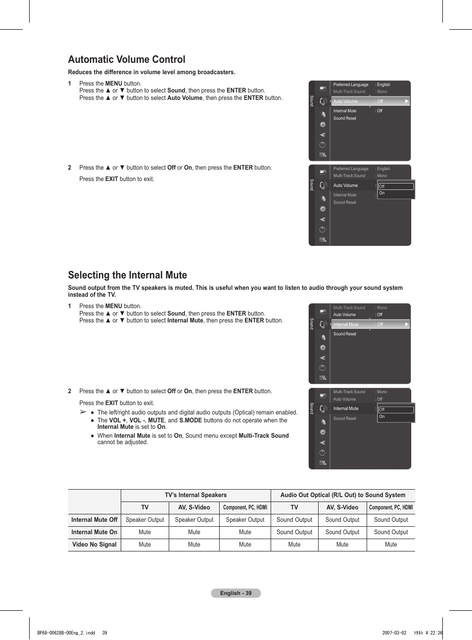 Automatic volume control, Selecting the internal mute | Samsung HLT6189SAX-XAA User Manual | Page 39 / 271