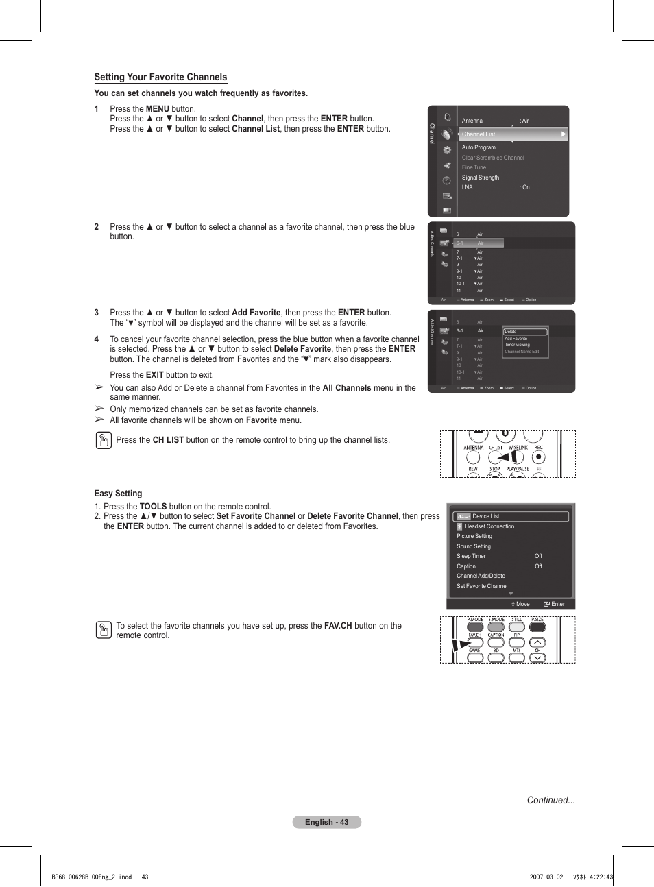 Setting your favorite channels, Continued | Samsung HLT6189SAX-XAA User Manual | Page 43 / 271