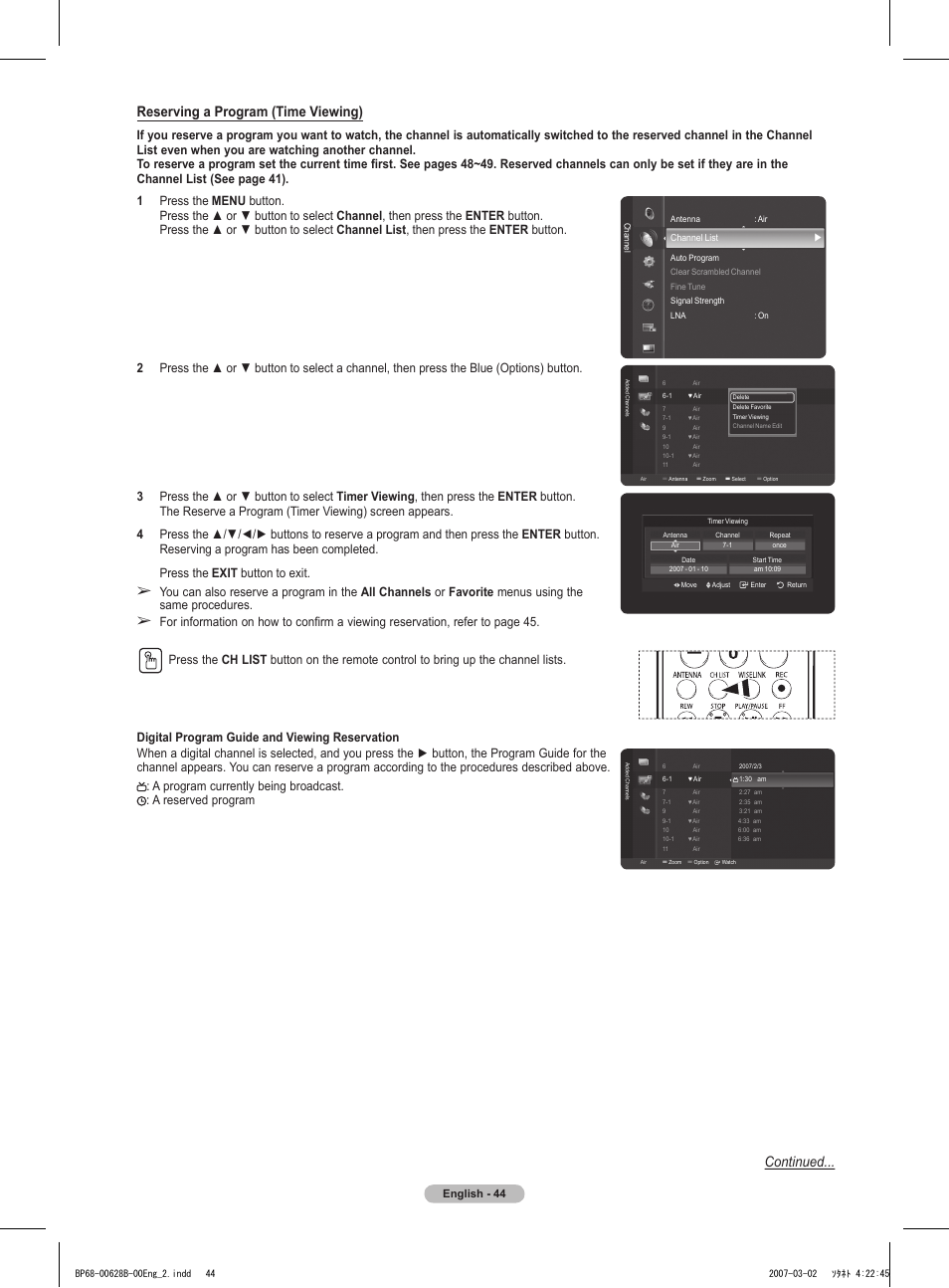 Reserving a program (time viewing), Continued, English - 44 | Samsung HLT6189SAX-XAA User Manual | Page 44 / 271