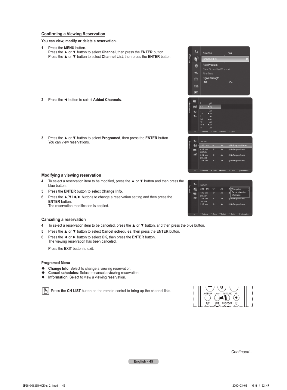 Confirming a viewing reservation, Modifying a viewing reservation, Canceling a reservation | Continued, English - 45 | Samsung HLT6189SAX-XAA User Manual | Page 45 / 271