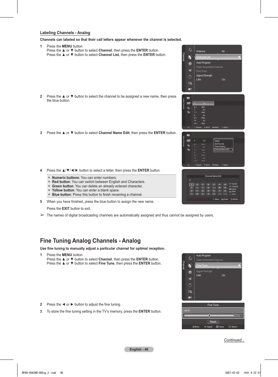 Fine tuning analog channels - analog, Labeling channels - analog, Continued | Samsung HLT6189SAX-XAA User Manual | Page 46 / 271