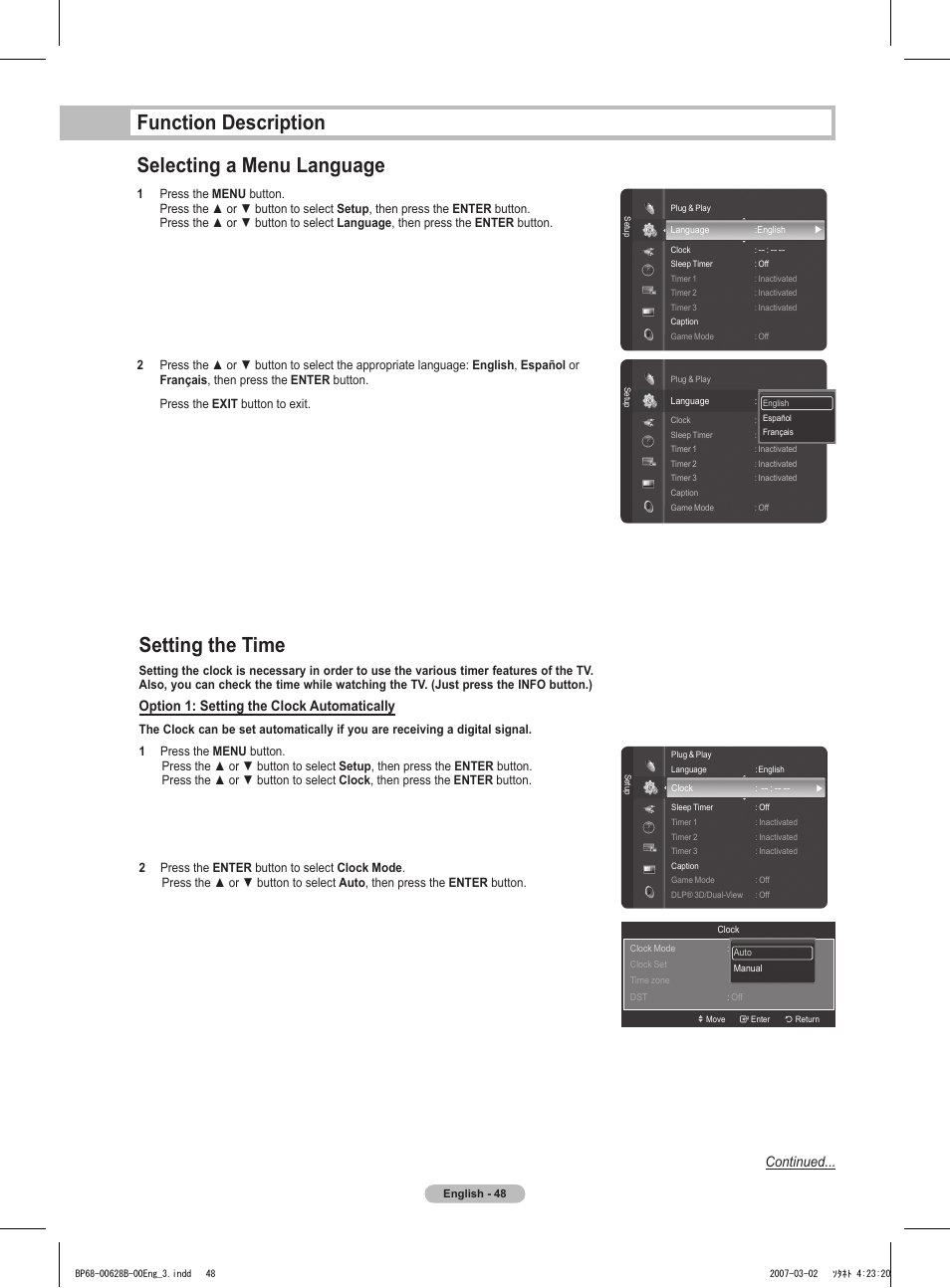 Function description, Setting the time, Selecting a menu language | Function description selecting a menu language, Continued, Option 1: setting the clock automatically | Samsung HLT6189SAX-XAA User Manual | Page 48 / 271