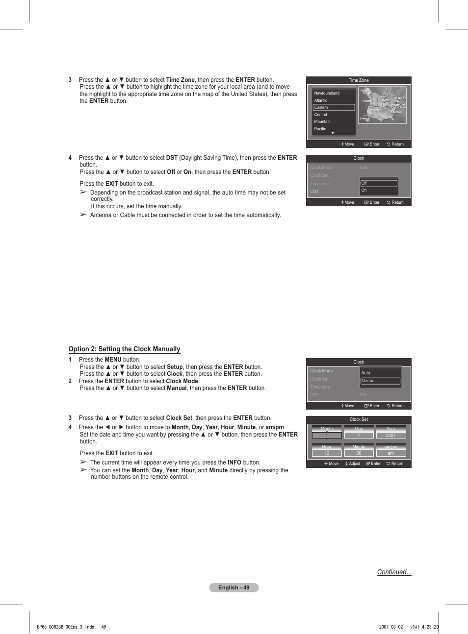Continued... option 2: setting the clock manually | Samsung HLT6189SAX-XAA User Manual | Page 49 / 271