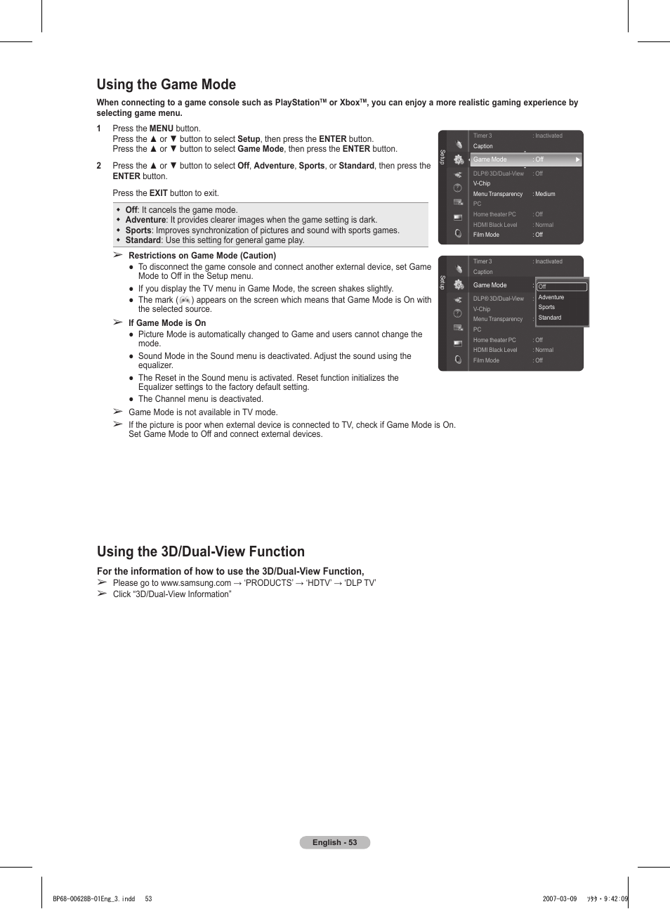 Using the game mode, Using the 3d/dual-view function | Samsung HLT6189SAX-XAA User Manual | Page 53 / 271