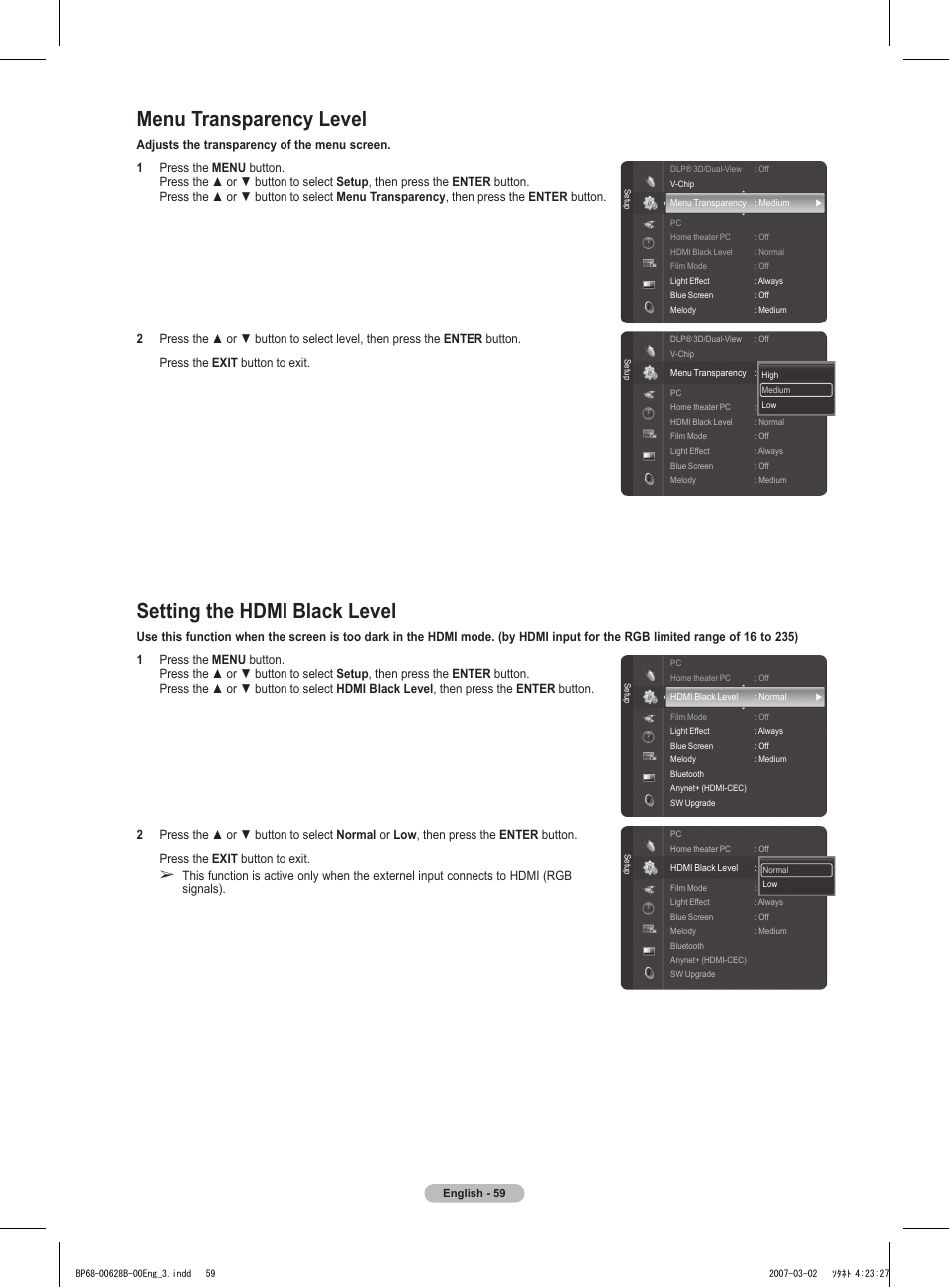 Menu transparency level, Setting the hdmi black level | Samsung HLT6189SAX-XAA User Manual | Page 59 / 271