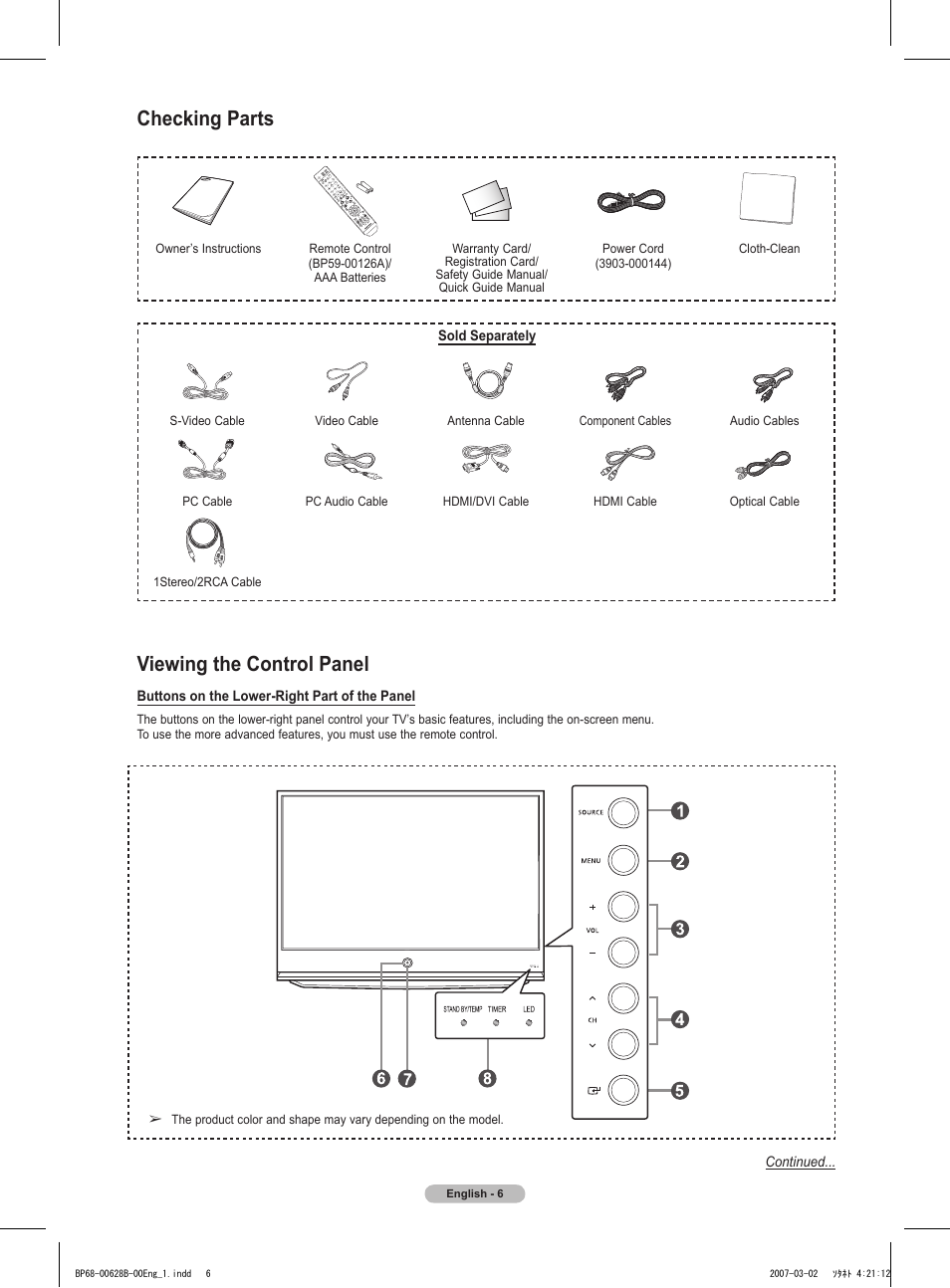 Checking parts, Viewing the control panel | Samsung HLT6189SAX-XAA User Manual | Page 6 / 271