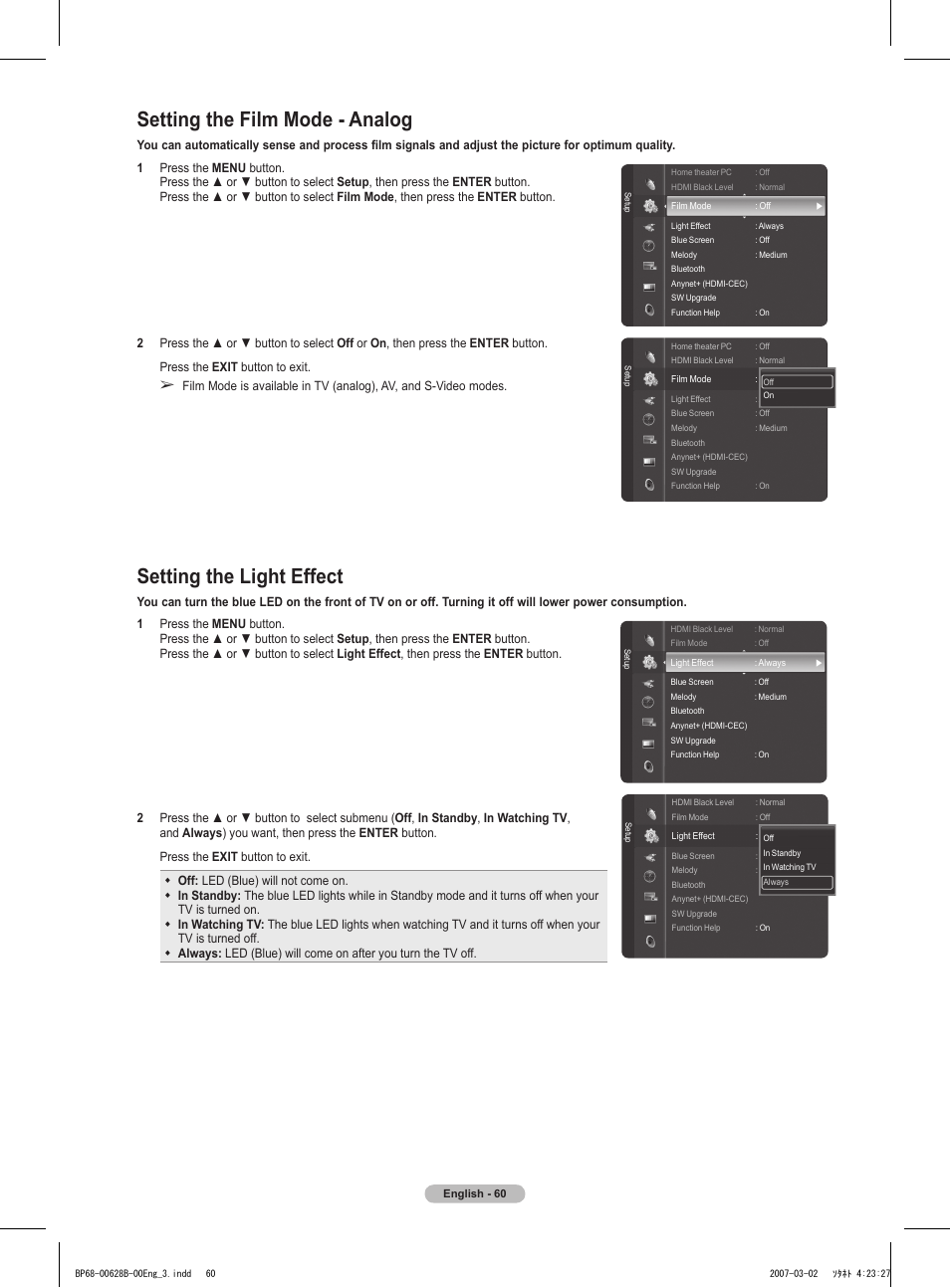 Setting the film mode - analog, Setting the light effect | Samsung HLT6189SAX-XAA User Manual | Page 60 / 271