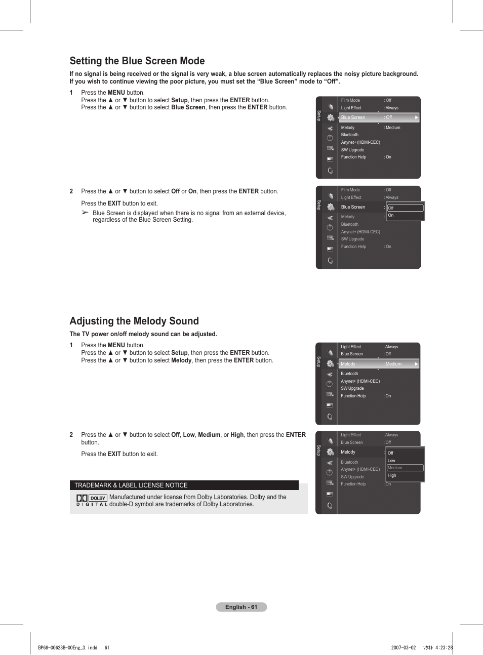 Setting the blue screen mode, Adjusting the melody sound | Samsung HLT6189SAX-XAA User Manual | Page 61 / 271