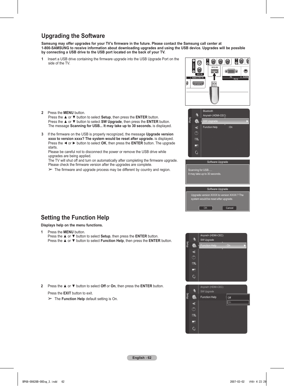 Upgrading the software, Setting the function help | Samsung HLT6189SAX-XAA User Manual | Page 62 / 271