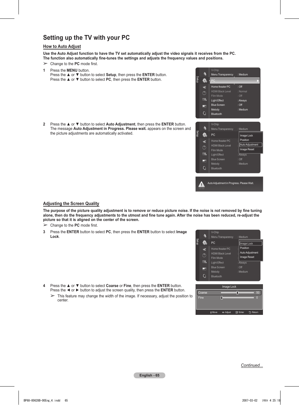 Setting up the tv with your pc, How to auto adjust, Adjusting the screen quality | Continued | Samsung HLT6189SAX-XAA User Manual | Page 65 / 271