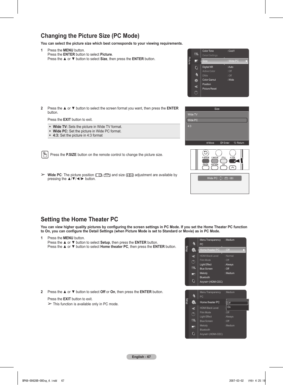 Changing the picture size (pc mode), Setting the home theater pc | Samsung HLT6189SAX-XAA User Manual | Page 67 / 271