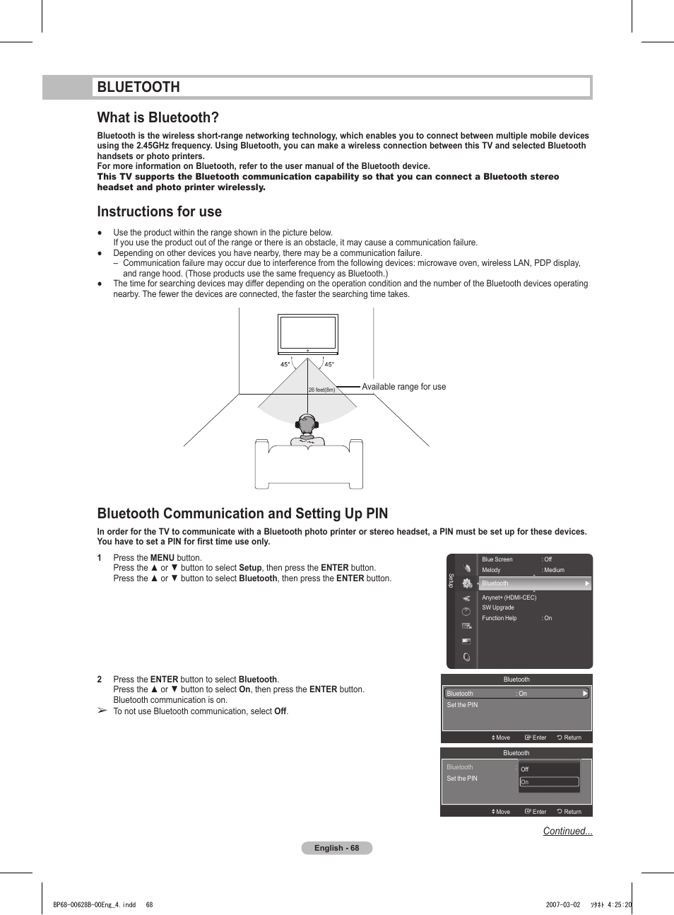 Bluetooth, What is bluetooth, Instructions for use | Bluetooth communication and setting up pin, Bluetooth what is bluetooth | Samsung HLT6189SAX-XAA User Manual | Page 68 / 271