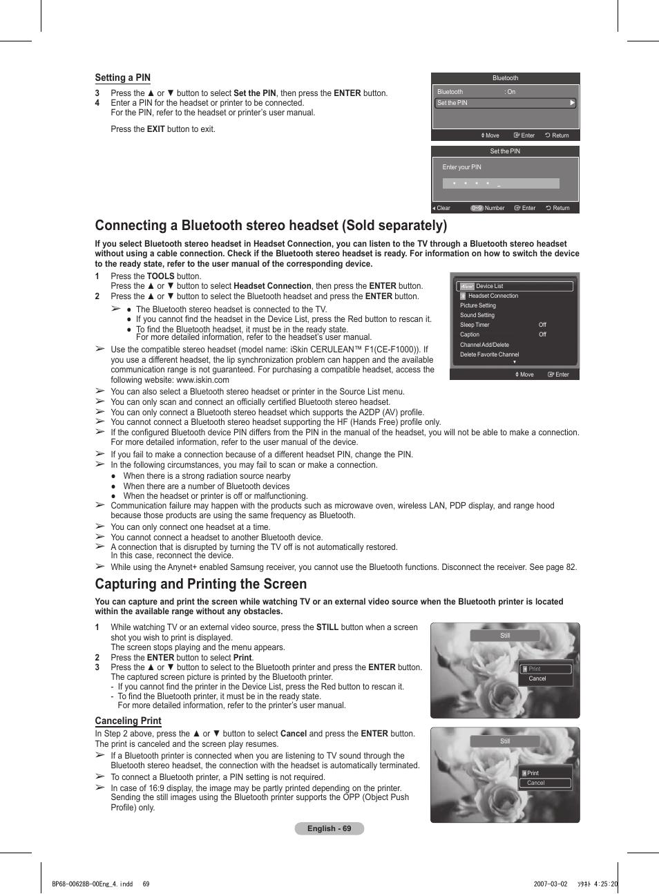 Capturing and printing the screen | Samsung HLT6189SAX-XAA User Manual | Page 69 / 271