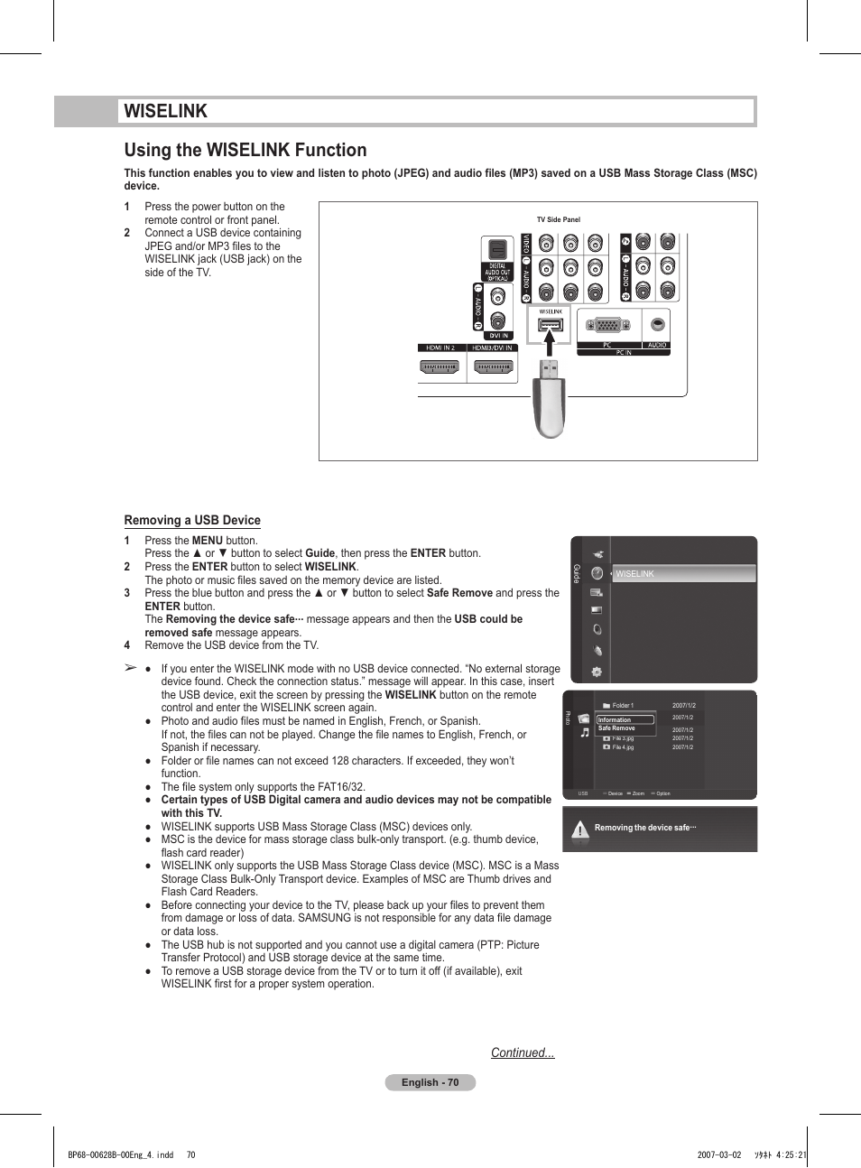 Wiselink, Using the wiselink function, Wiselink using the wiselink function | Removing a usb device, Continued | Samsung HLT6189SAX-XAA User Manual | Page 70 / 271