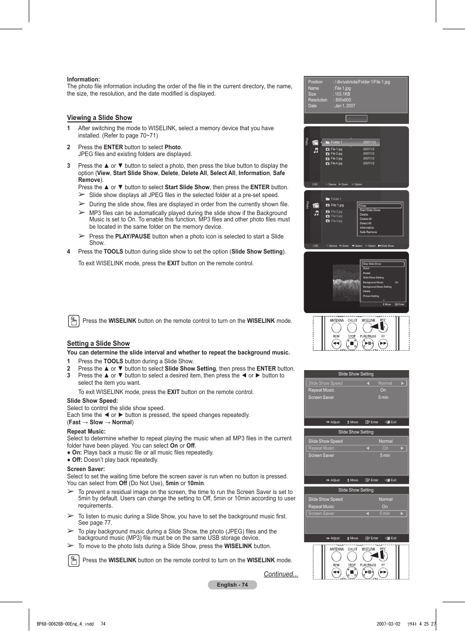 Continued... setting a slide show, Viewing a slide show | Samsung HLT6189SAX-XAA User Manual | Page 74 / 271