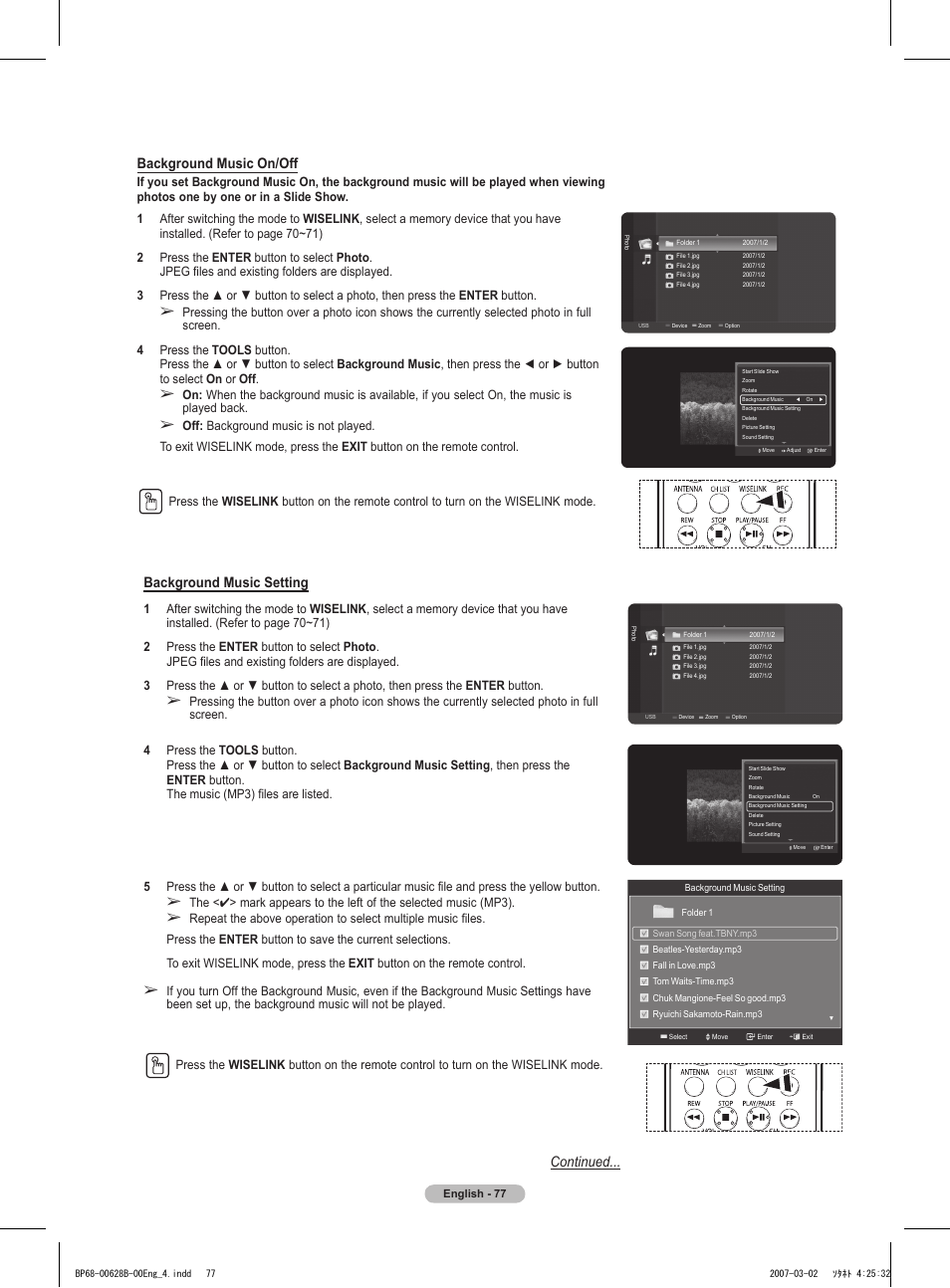 Continued... background music on/off, Background music setting | Samsung HLT6189SAX-XAA User Manual | Page 77 / 271