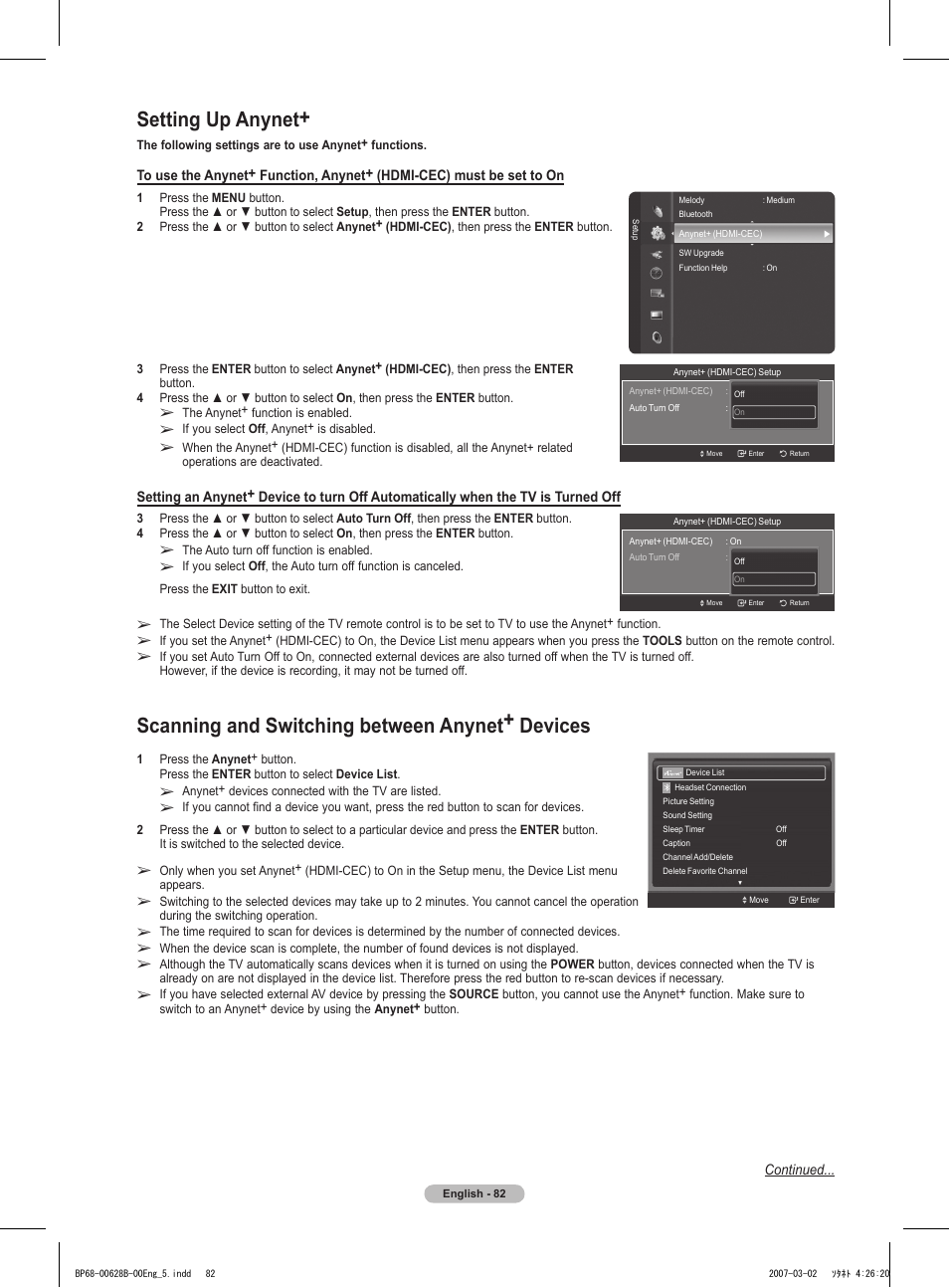 Setting up anynet, Scanning and switching between anynet+ devices | Samsung HLT6189SAX-XAA User Manual | Page 82 / 271