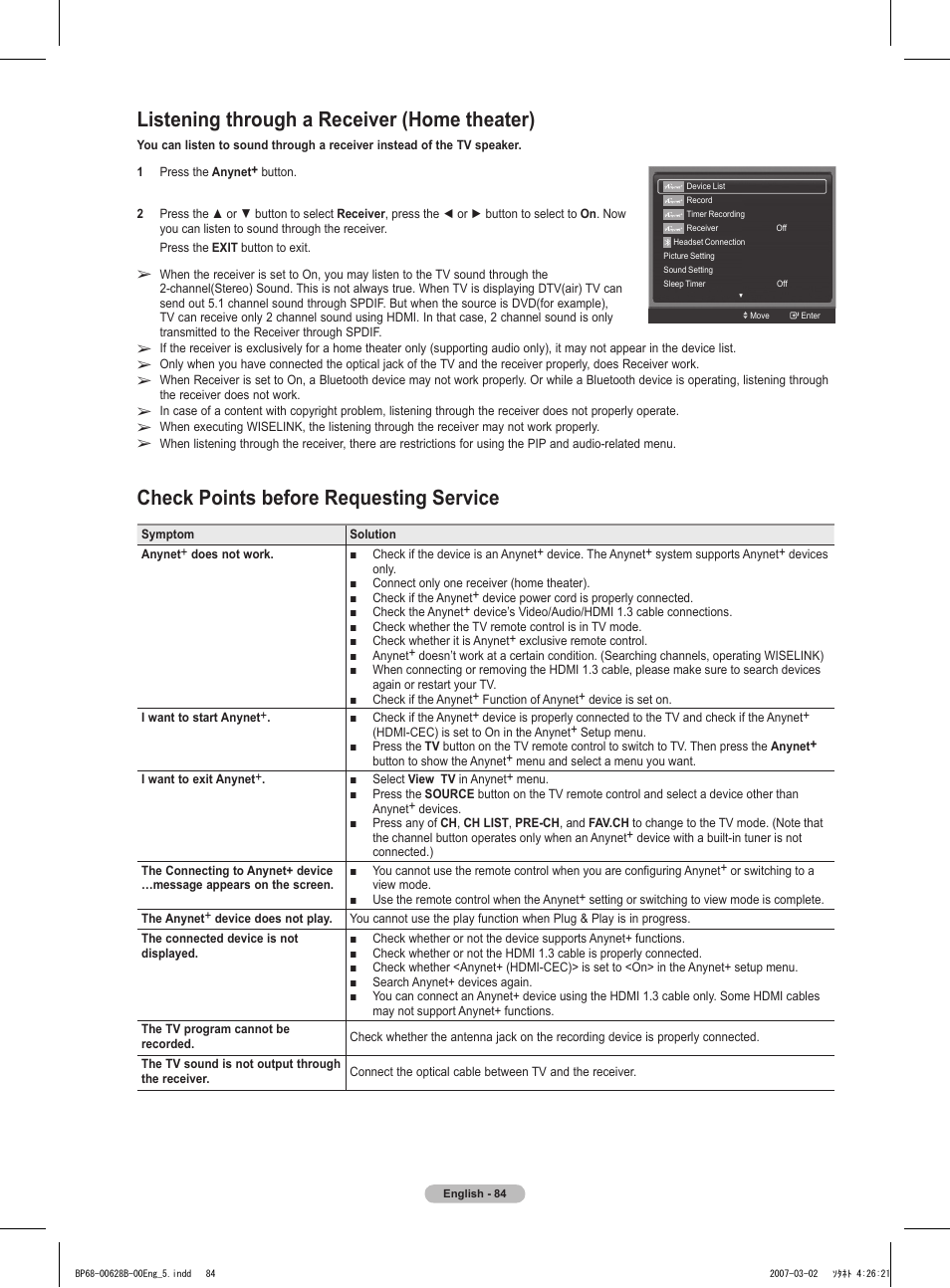 Listening through a receiver (home theater), Check points before requesting service | Samsung HLT6189SAX-XAA User Manual | Page 84 / 271