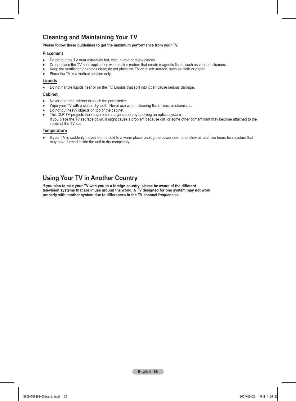 Cleaning and maintaining your tv, Using your tv in another country | Samsung HLT6189SAX-XAA User Manual | Page 86 / 271