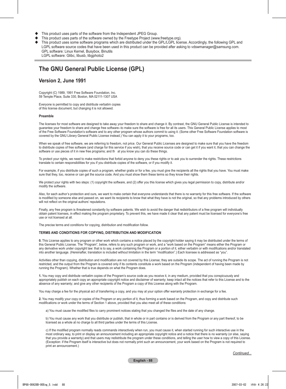 The gnu general public license (gpl) | Samsung HLT6189SAX-XAA User Manual | Page 88 / 271