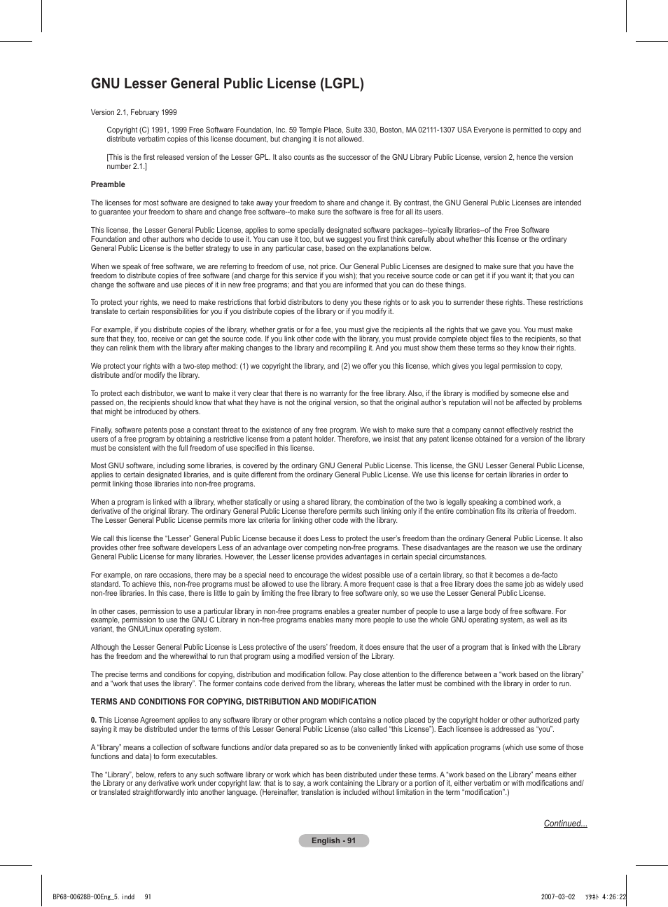 Gnu lesser general public license (lgpl) | Samsung HLT6189SAX-XAA User Manual | Page 91 / 271
