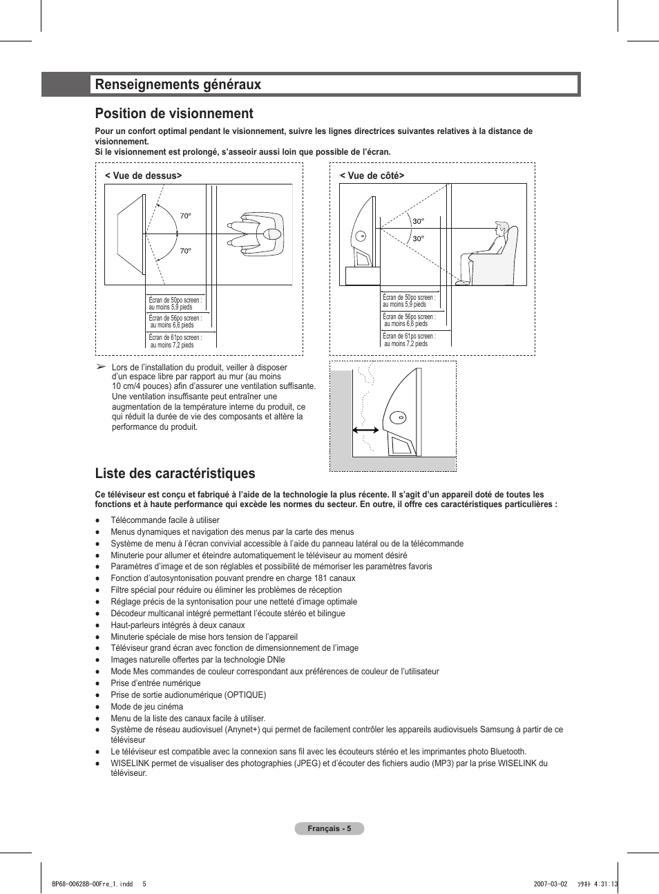 Renseignements généraux position de visionnement, Liste des caractéristiques | Samsung HLT6189SAX-XAA User Manual | Page 99 / 271