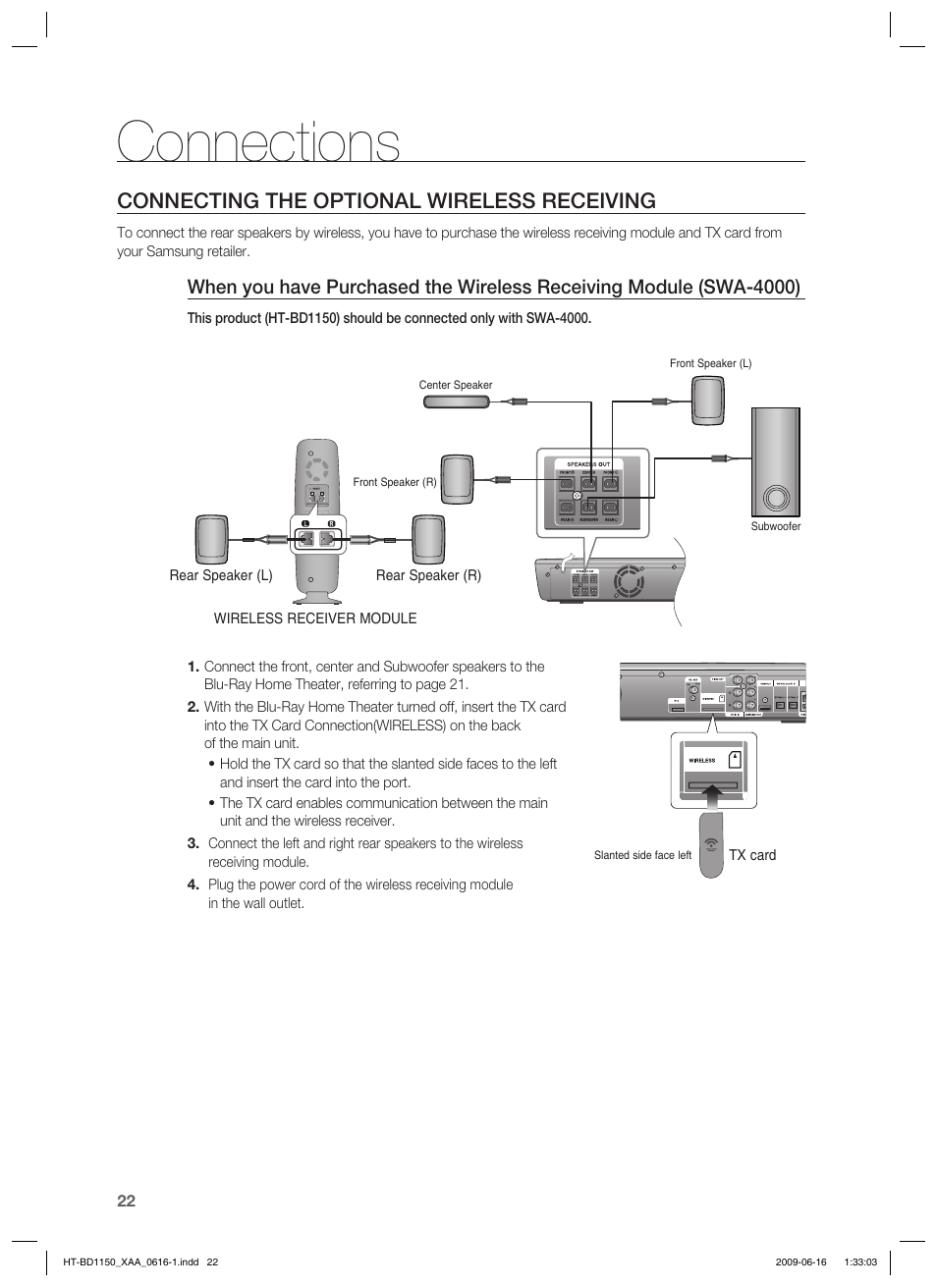 Connecting the optional wireless receiving, Connections | Samsung HT-BD1150T-XAA User Manual | Page 22 / 102