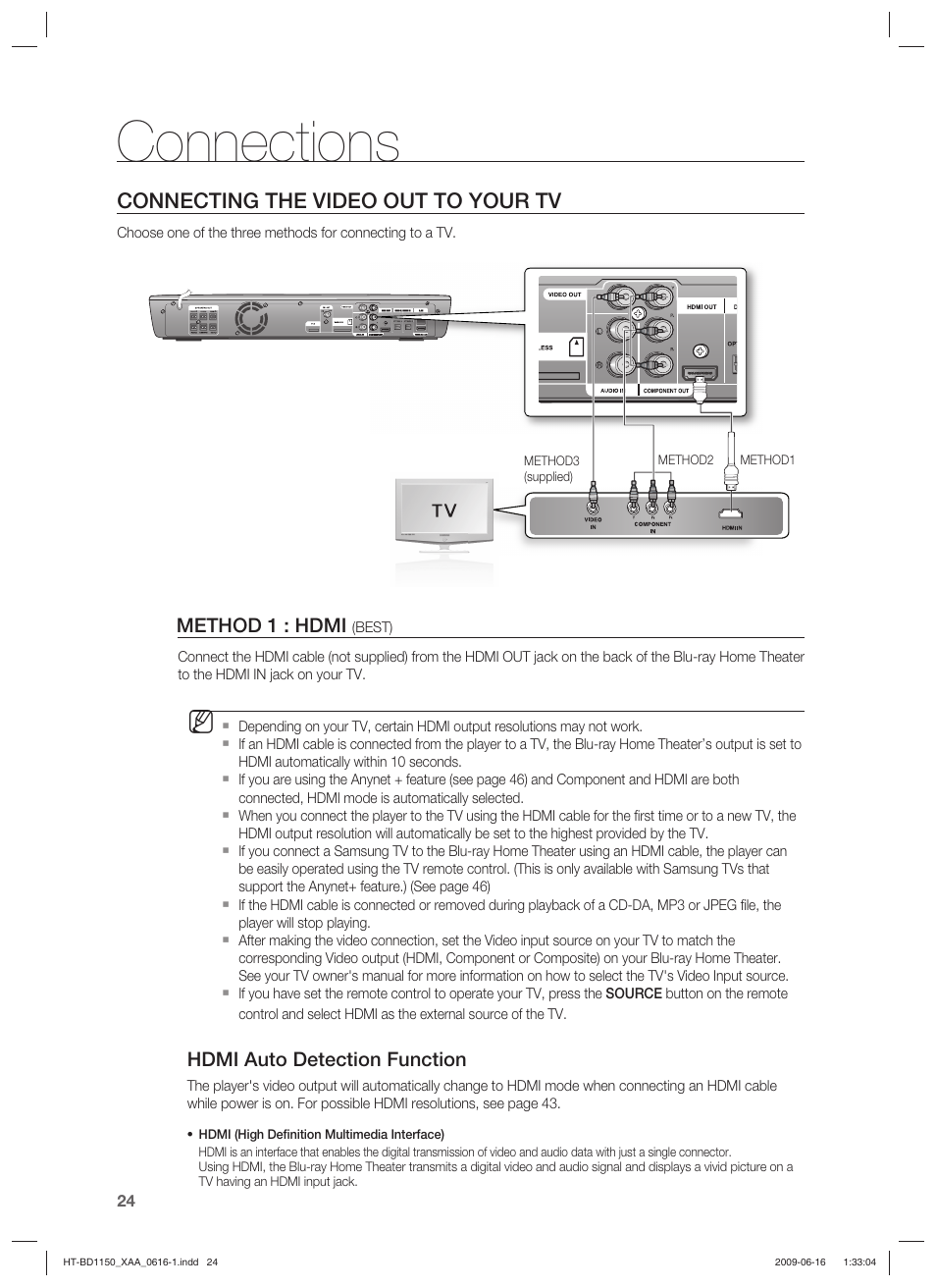 Connecting the video out to your tv, Connections | Samsung HT-BD1150T-XAA User Manual | Page 24 / 102