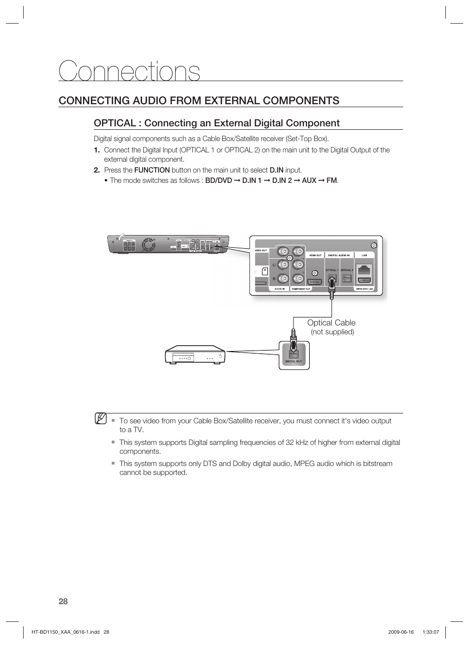 Connecting audio from external components, Connections | Samsung HT-BD1150T-XAA User Manual | Page 28 / 102