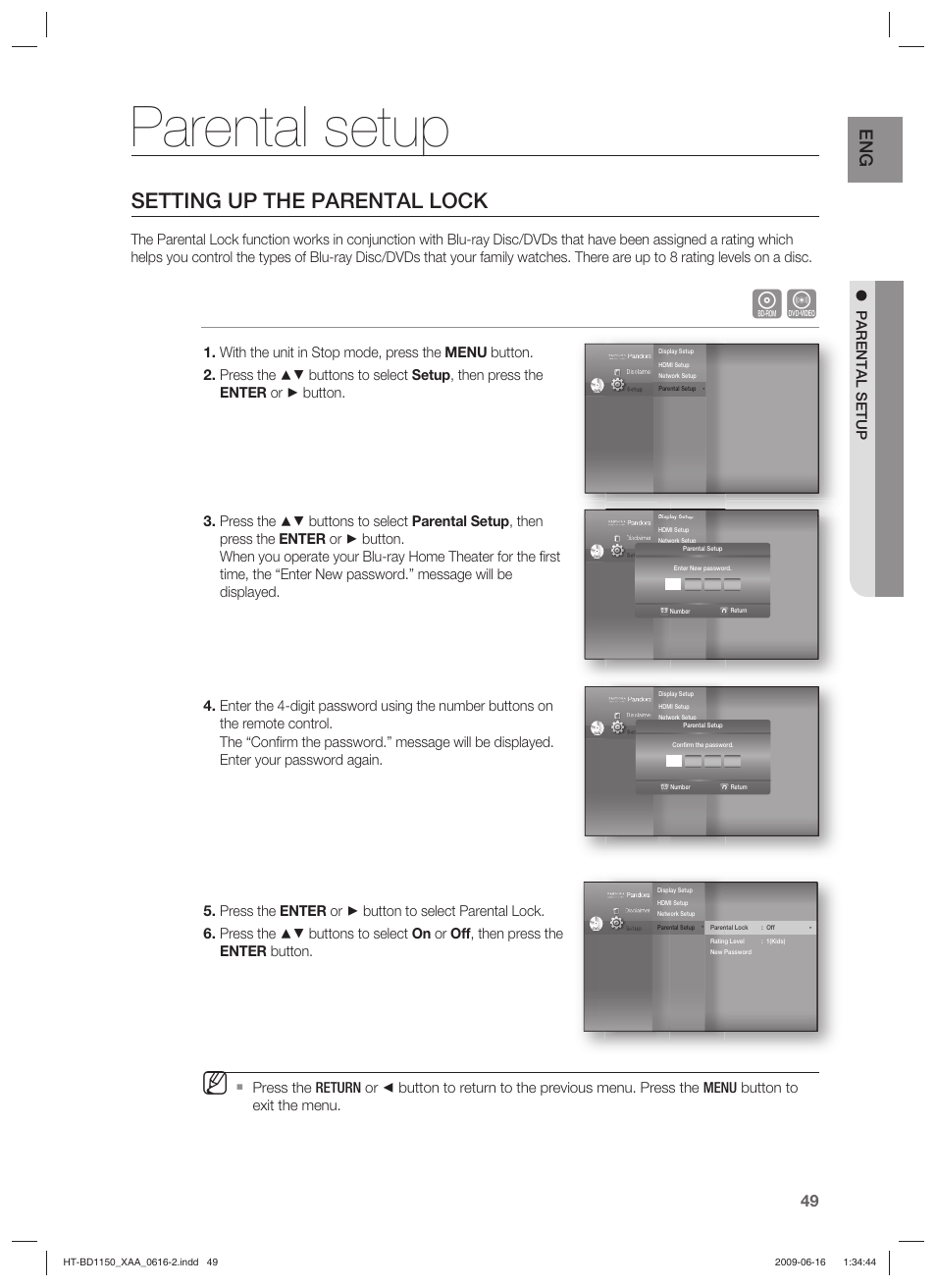 Parental setup, Setting up the parental lock | Samsung HT-BD1150T-XAA User Manual | Page 49 / 102