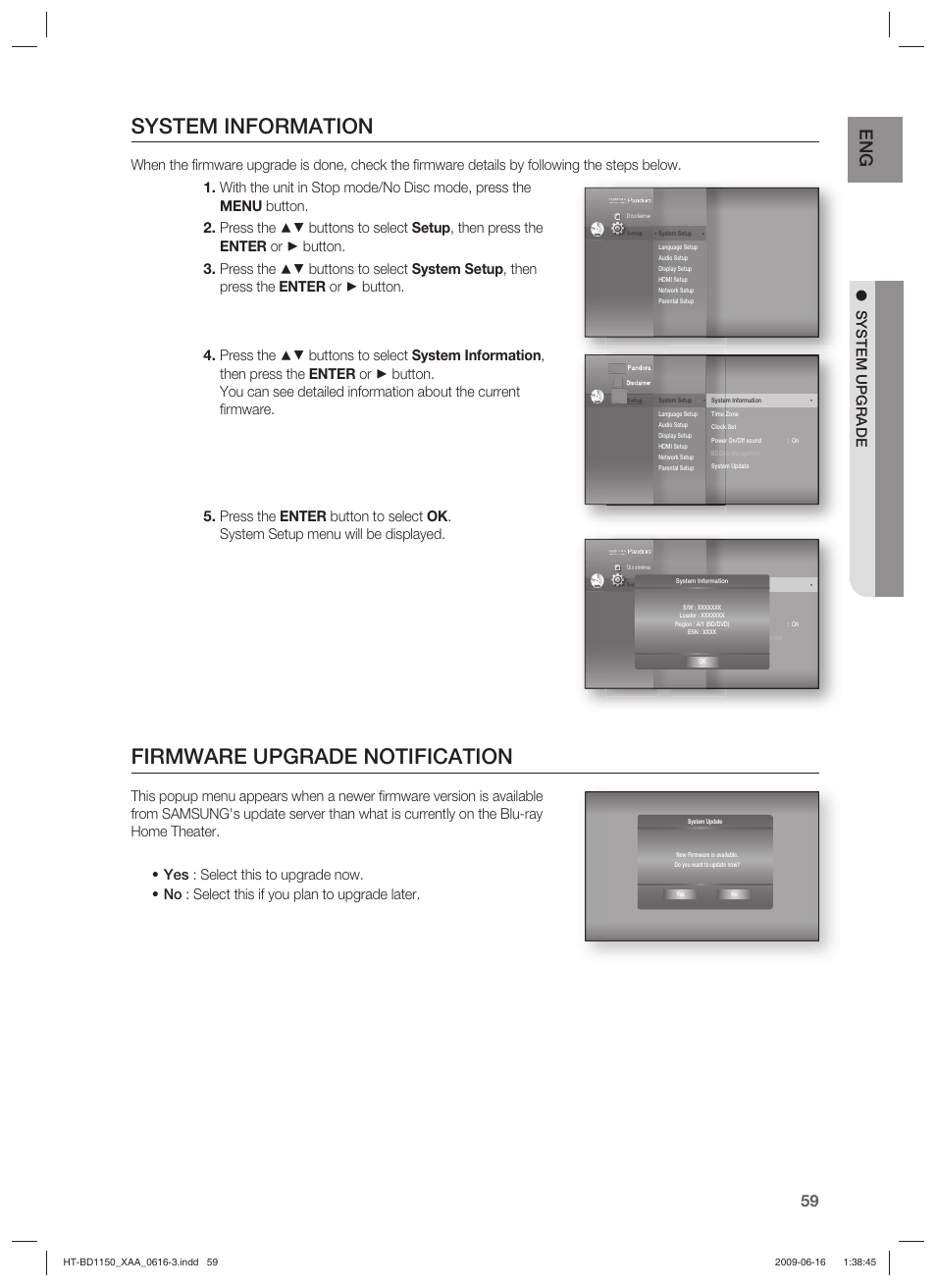 System information, Firmware upgrade notification, System upgrade | Samsung HT-BD1150T-XAA User Manual | Page 59 / 102