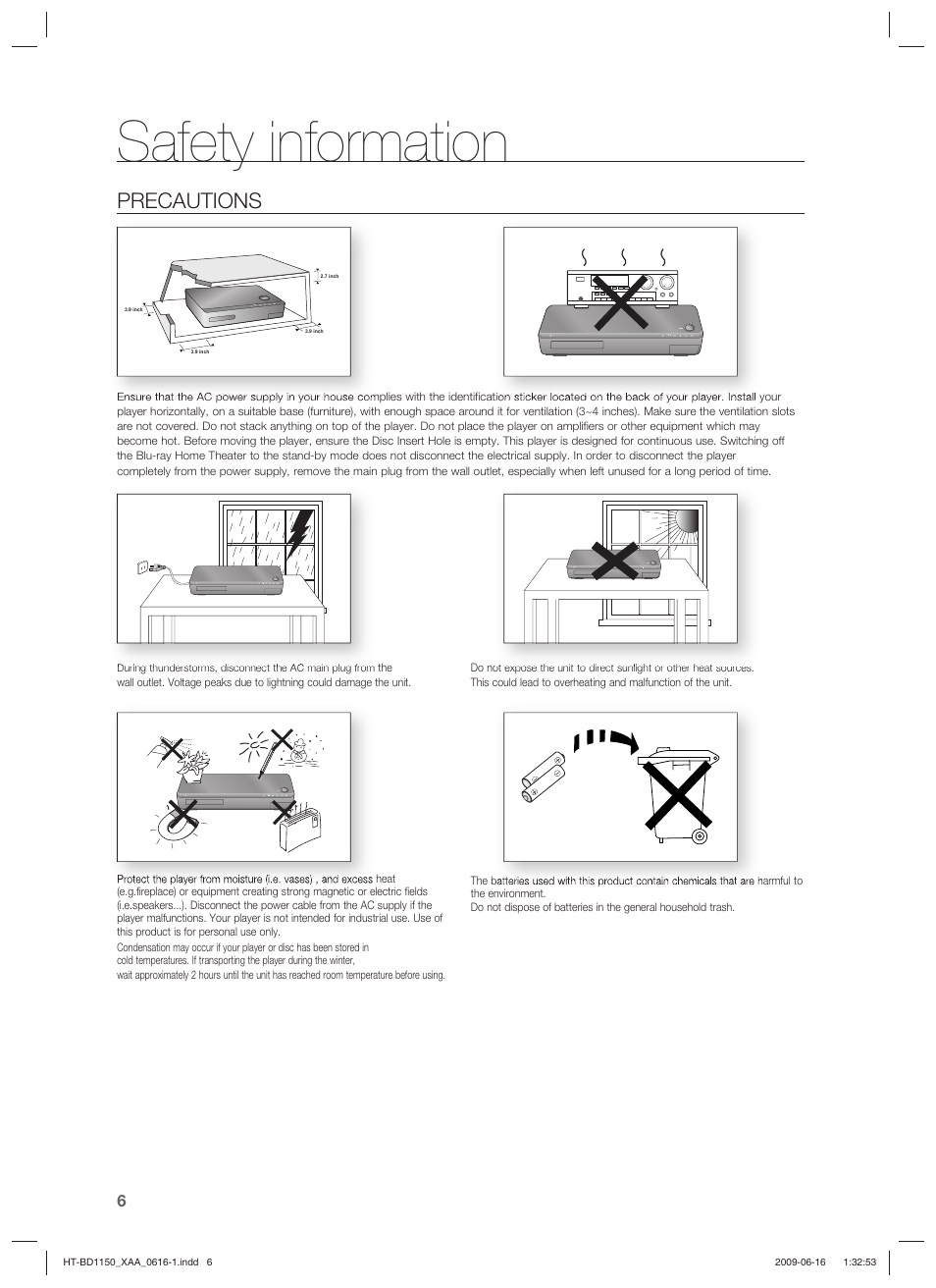 Precautions, Safety information | Samsung HT-BD1150T-XAA User Manual | Page 6 / 102