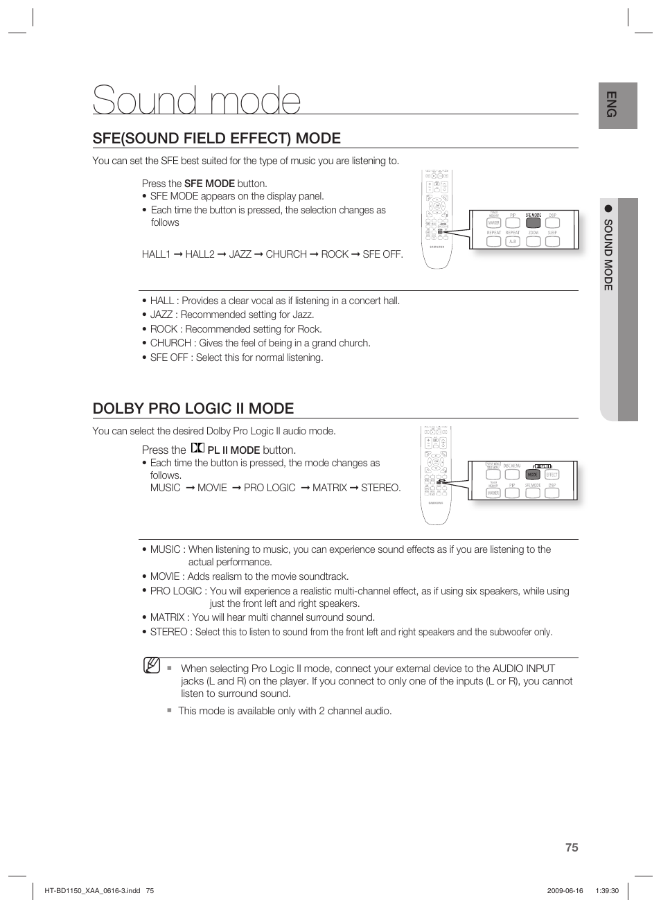 Sound mode, Sfe(sound field effect) mode, Dolby pro logic ii mode | Samsung HT-BD1150T-XAA User Manual | Page 75 / 102